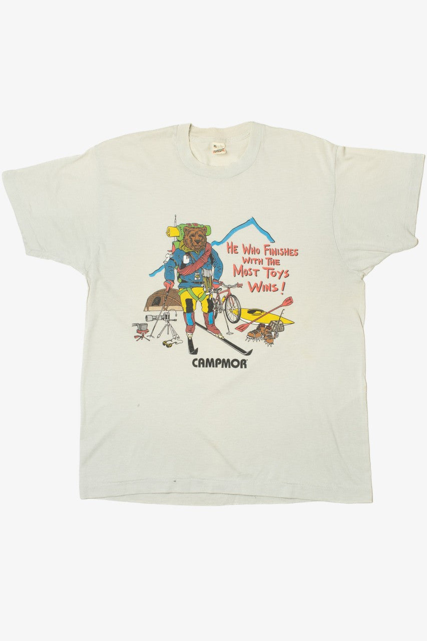 Vintage "He Who Finishes With The Most Toys Wins" Campmor T-Shirt