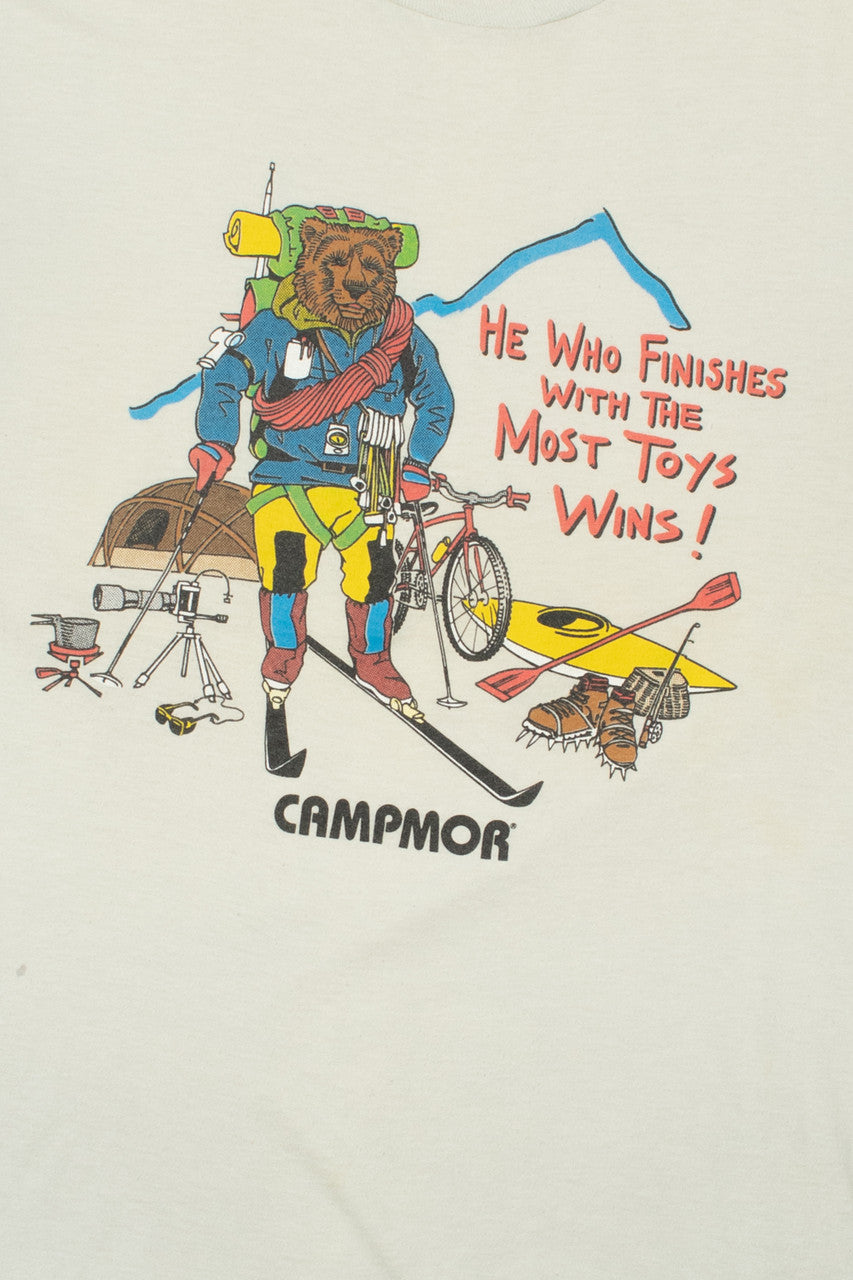 Vintage "He Who Finishes With The Most Toys Wins" Campmor T-Shirt