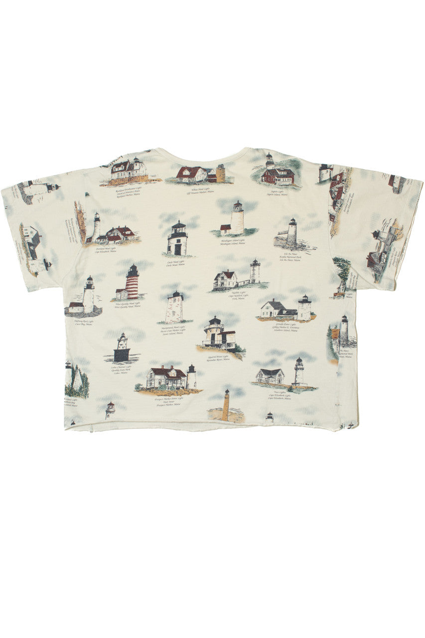 Vintage Lighthouses Raw Hem Crop Top T-Shirt