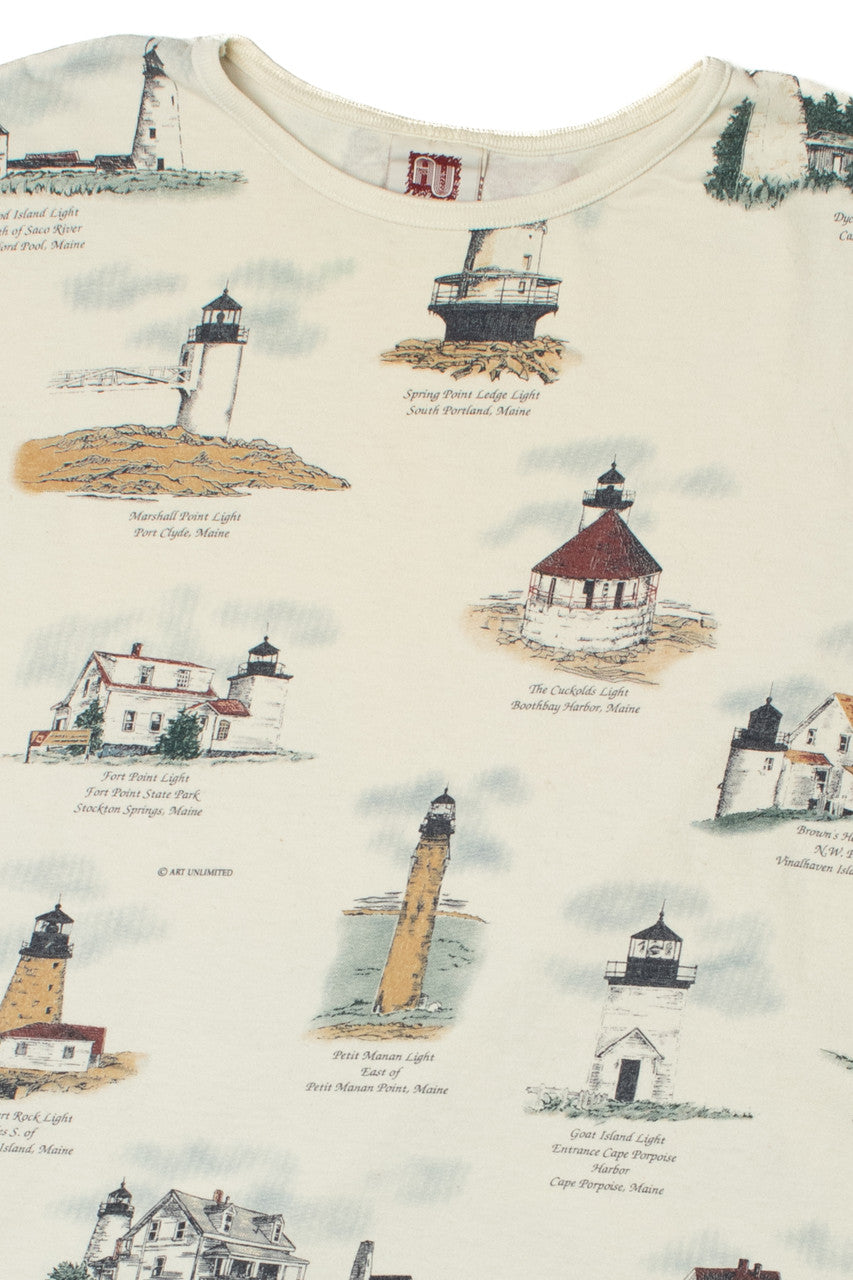 Vintage Lighthouses Raw Hem Crop Top T-Shirt