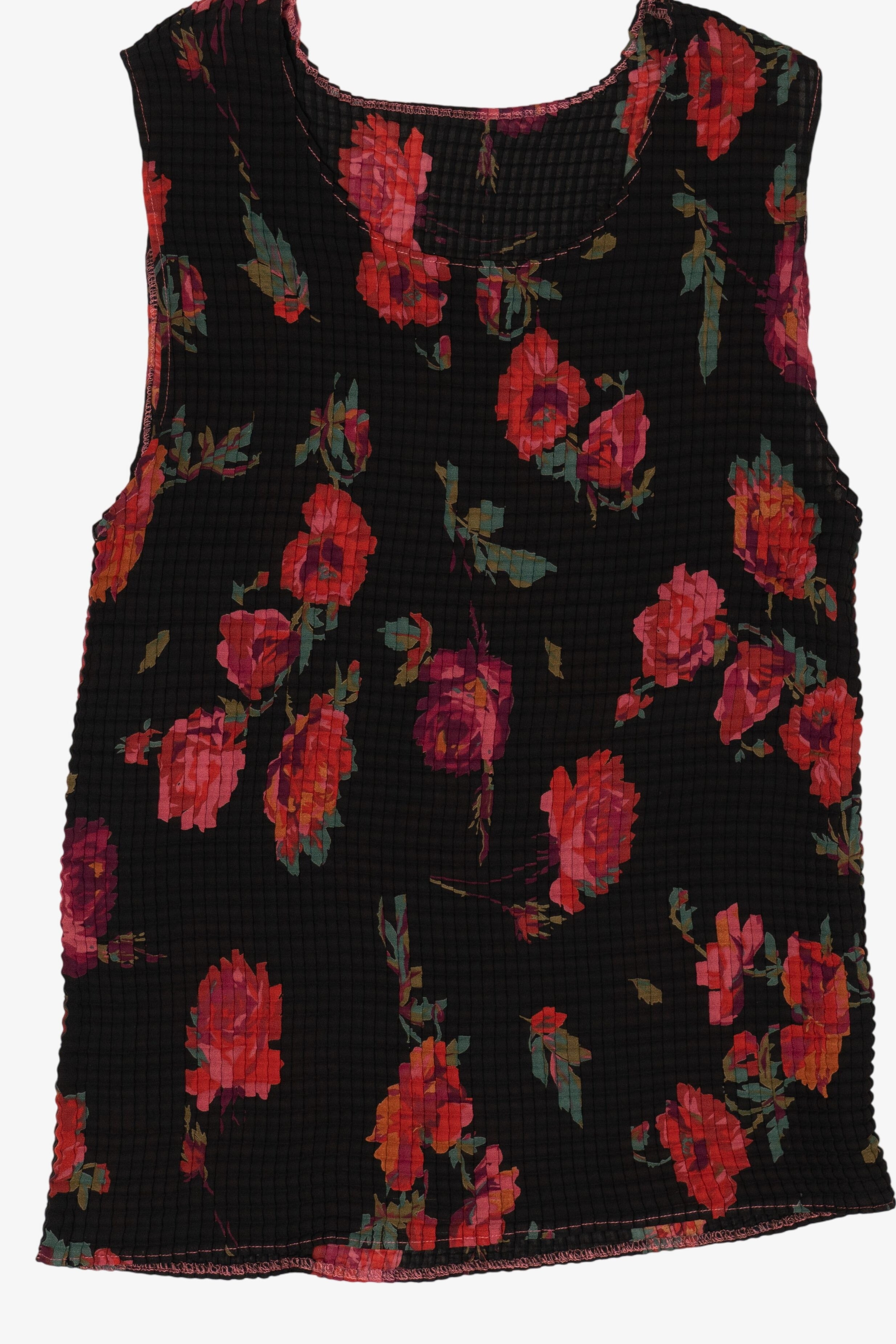 Vintage Black Floral Crinkle Tank Top (1990s)