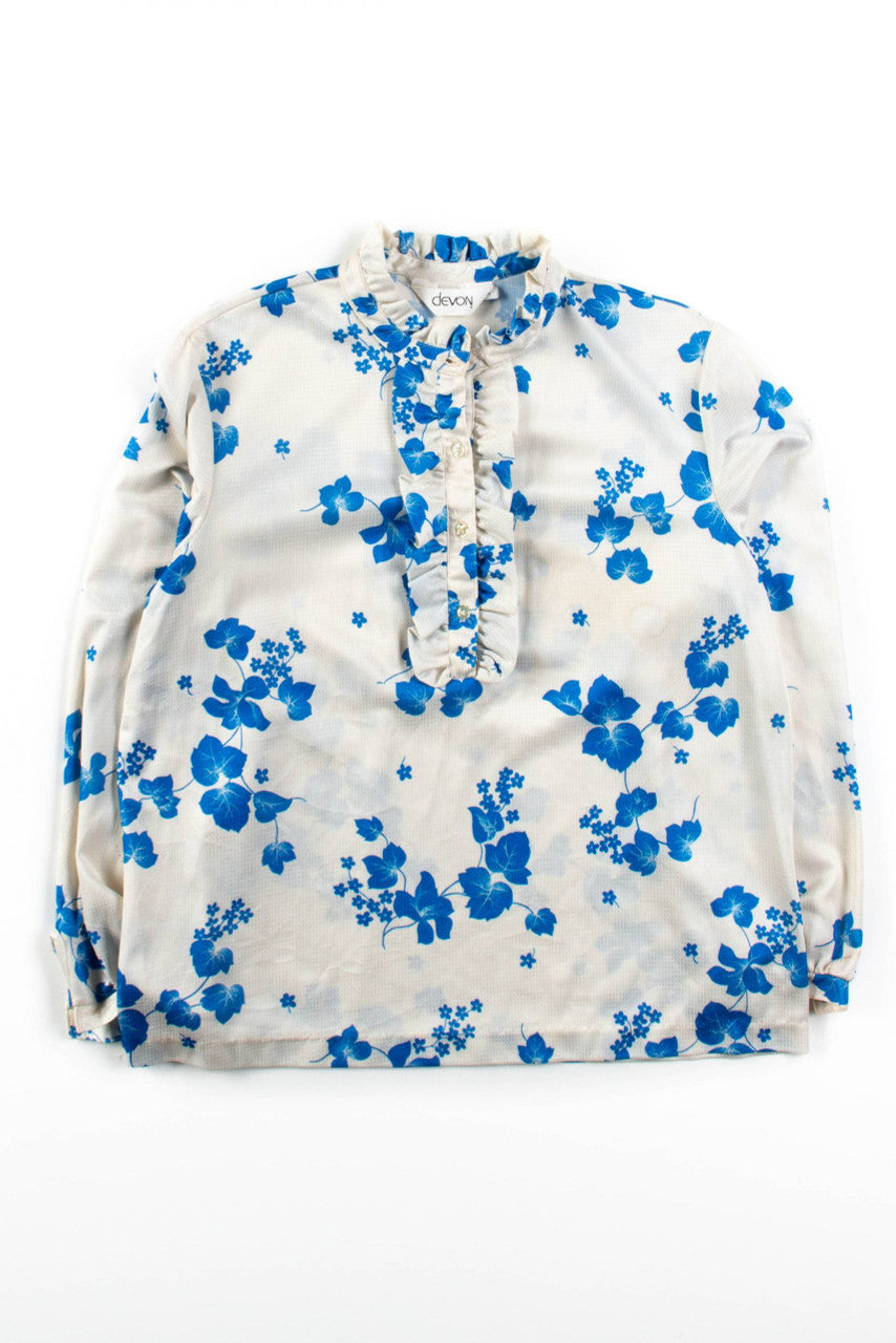 Vintage Blue Floral Ruffled Blouse
