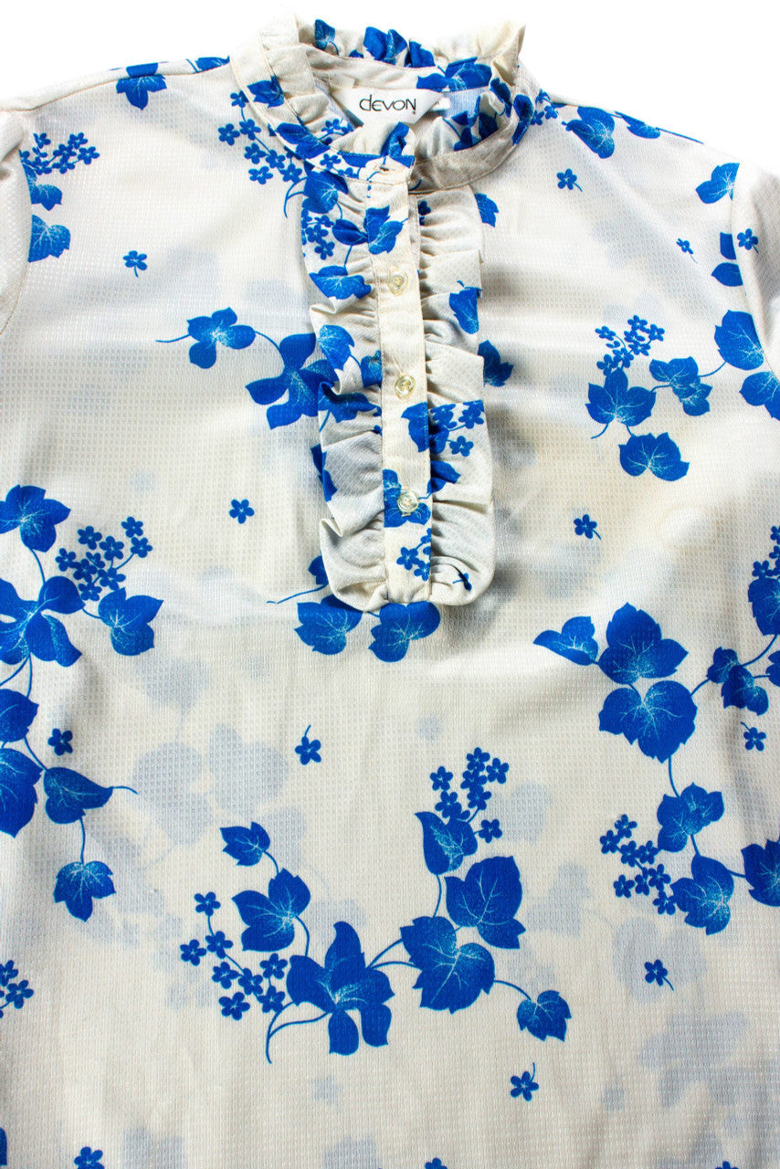 Vintage Blue Floral Ruffled Blouse