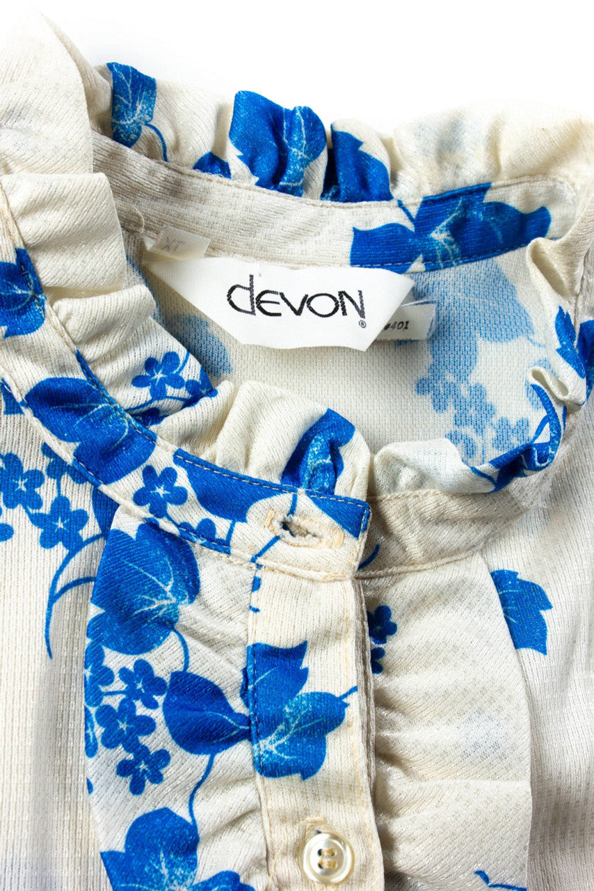 Vintage Blue Floral Ruffled Blouse