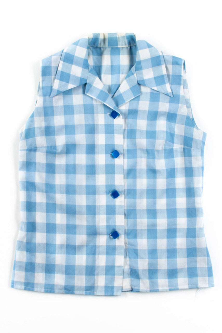 Vintage Blue Plaid Sleeveless Blouse