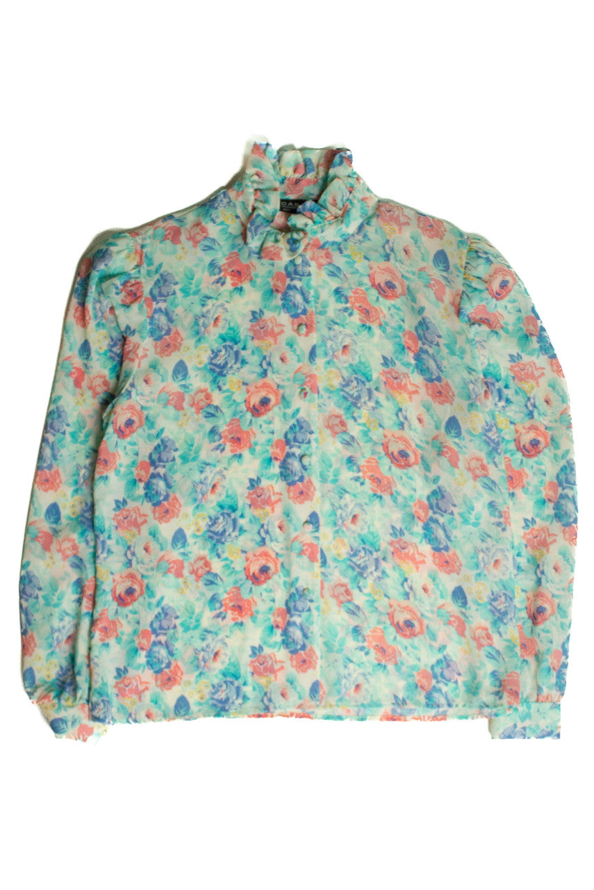 Vintage Pastel Floral Ruffle Collar Blouse (1980s)
