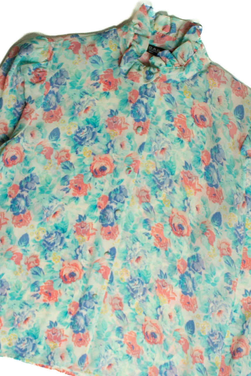 Vintage Pastel Floral Ruffle Collar Blouse (1980s)
