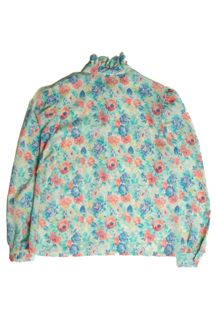 Vintage Pastel Floral Ruffle Collar Blouse (1980s)