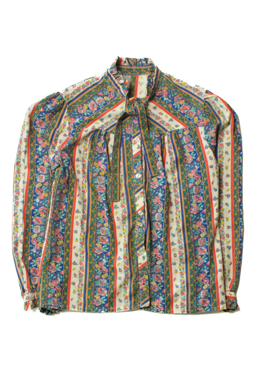 Vintage Floral Stripe Tie Neck Blouse (1970s)