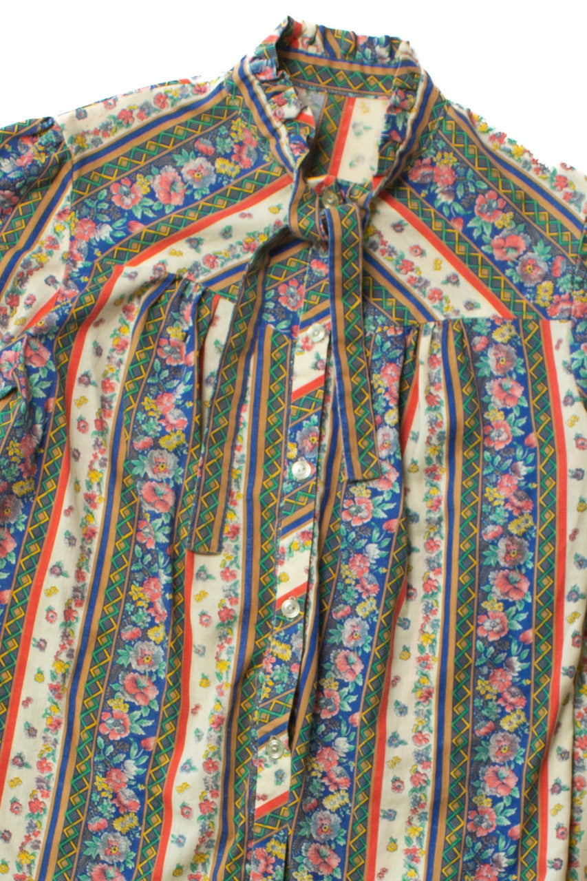 Vintage Floral Stripe Tie Neck Blouse (1970s)