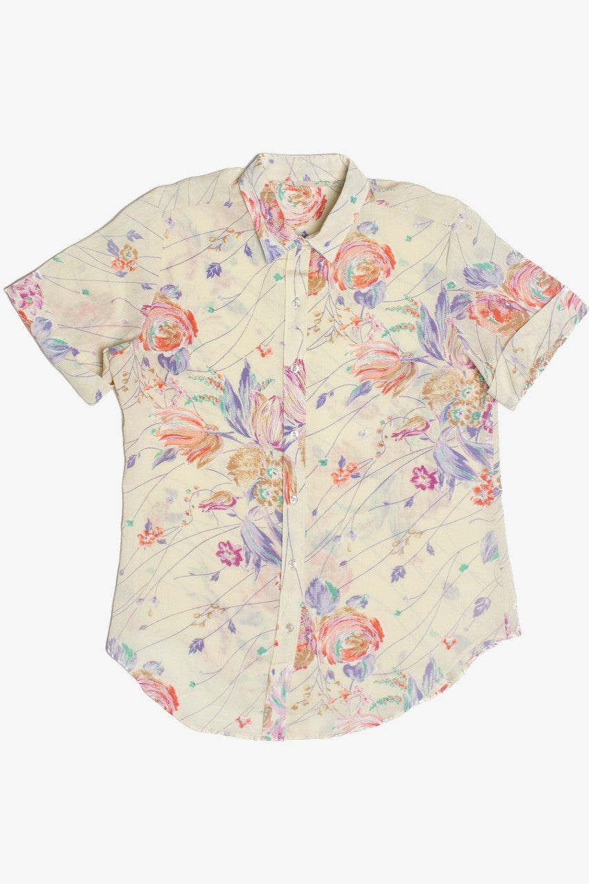 Vintage Floral Semi-Sheer Short Sleeve Button Up Blouse