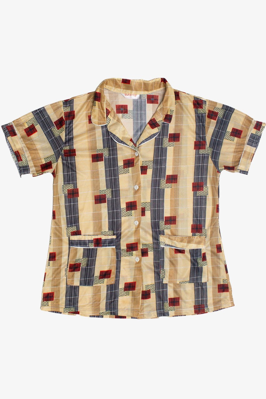Vintage Square Print Double Pocket Pokemon Button Up