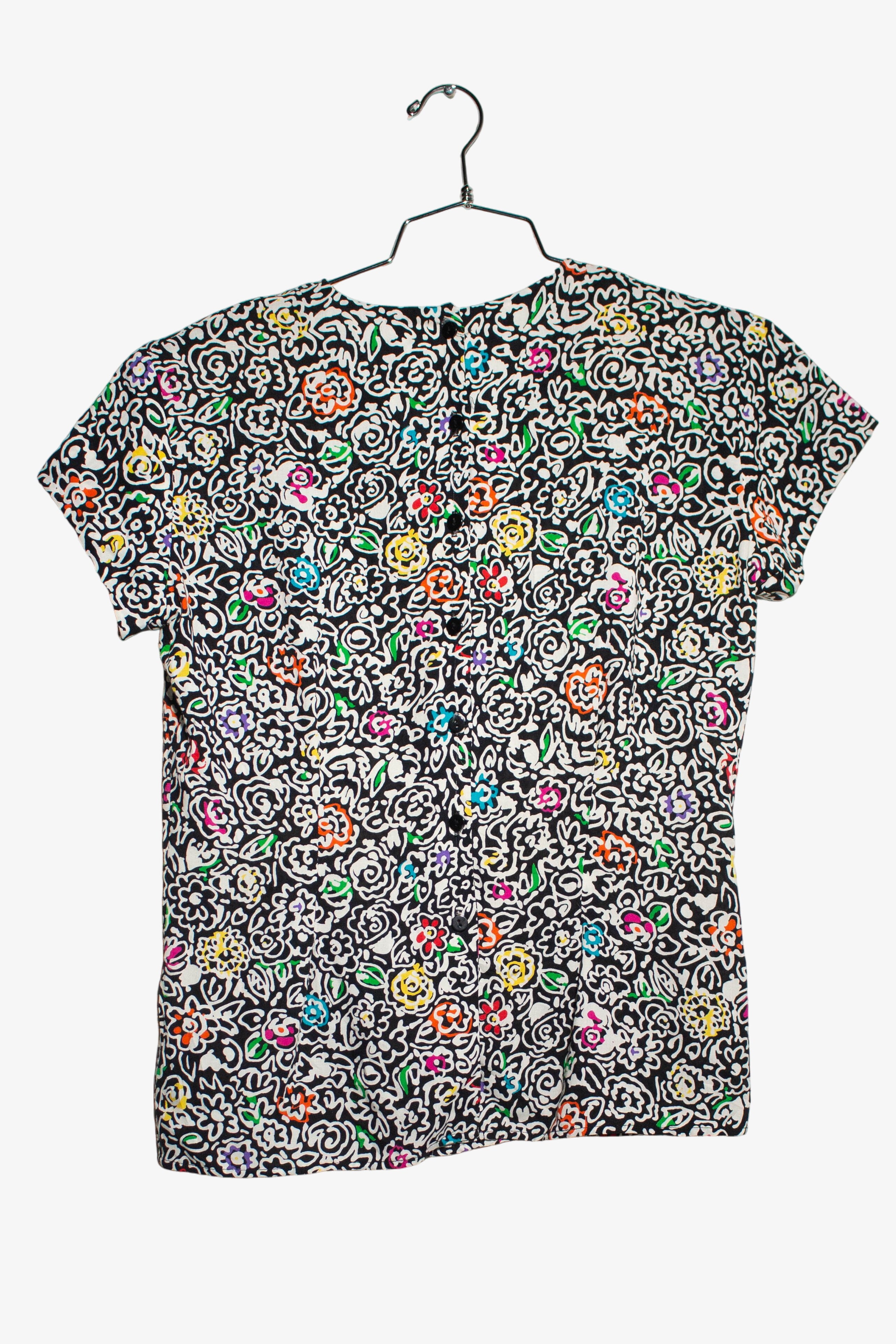 Vintage Black Floral Button Back Blouse (1990s)