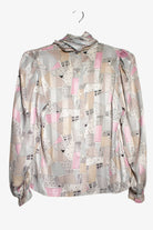 Vintage Abstract Button Back Tie Neck Blouse (1980s)
