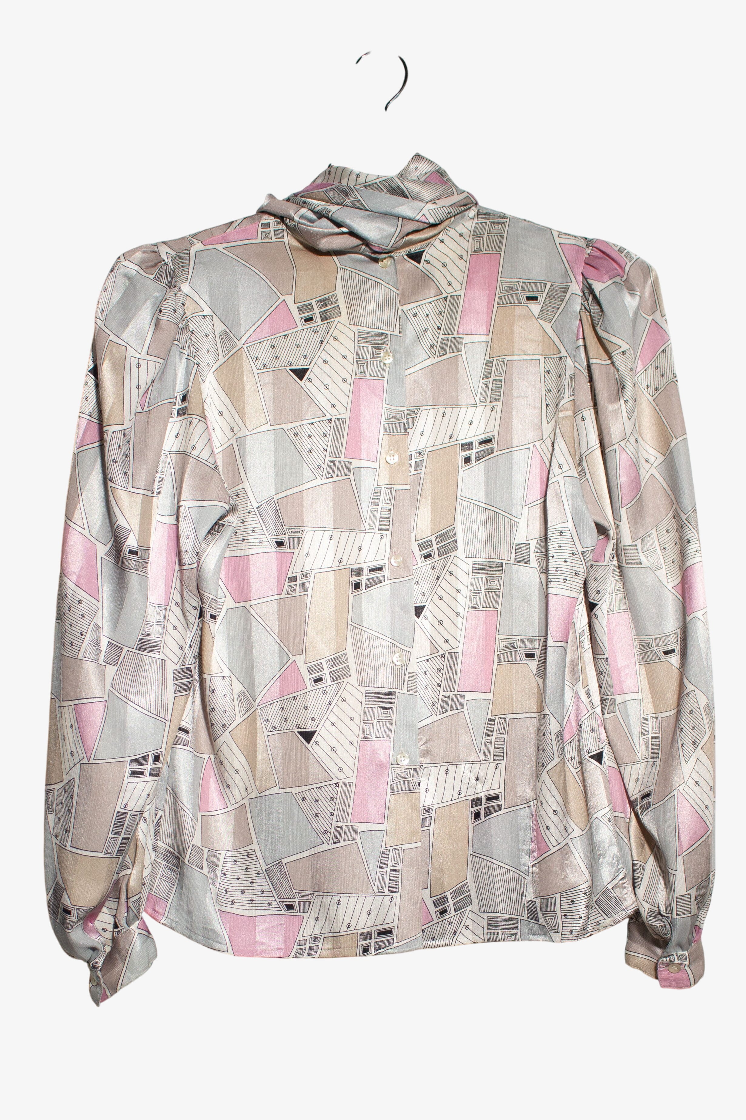 Vintage Abstract Button Back Tie Neck Blouse (1980s)