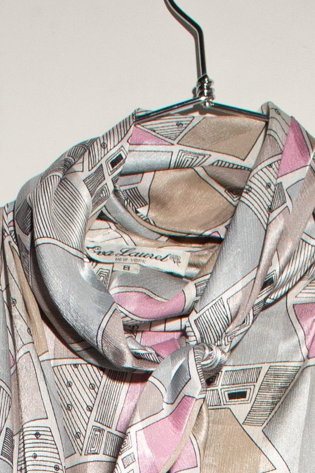 Vintage Abstract Button Back Tie Neck Blouse (1980s)