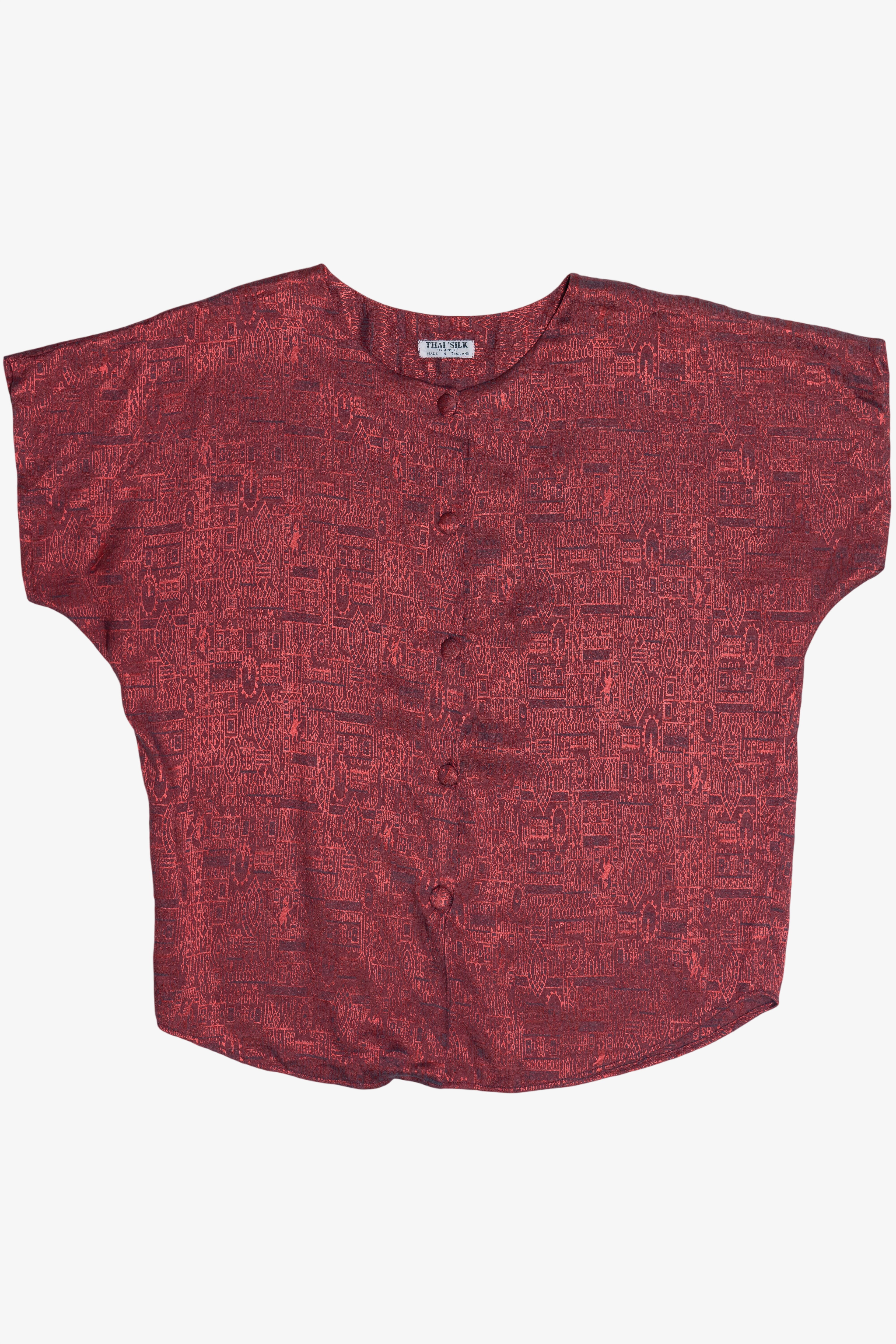 Vintage Thai Silk Short Dolman Sleeve Button Up Top