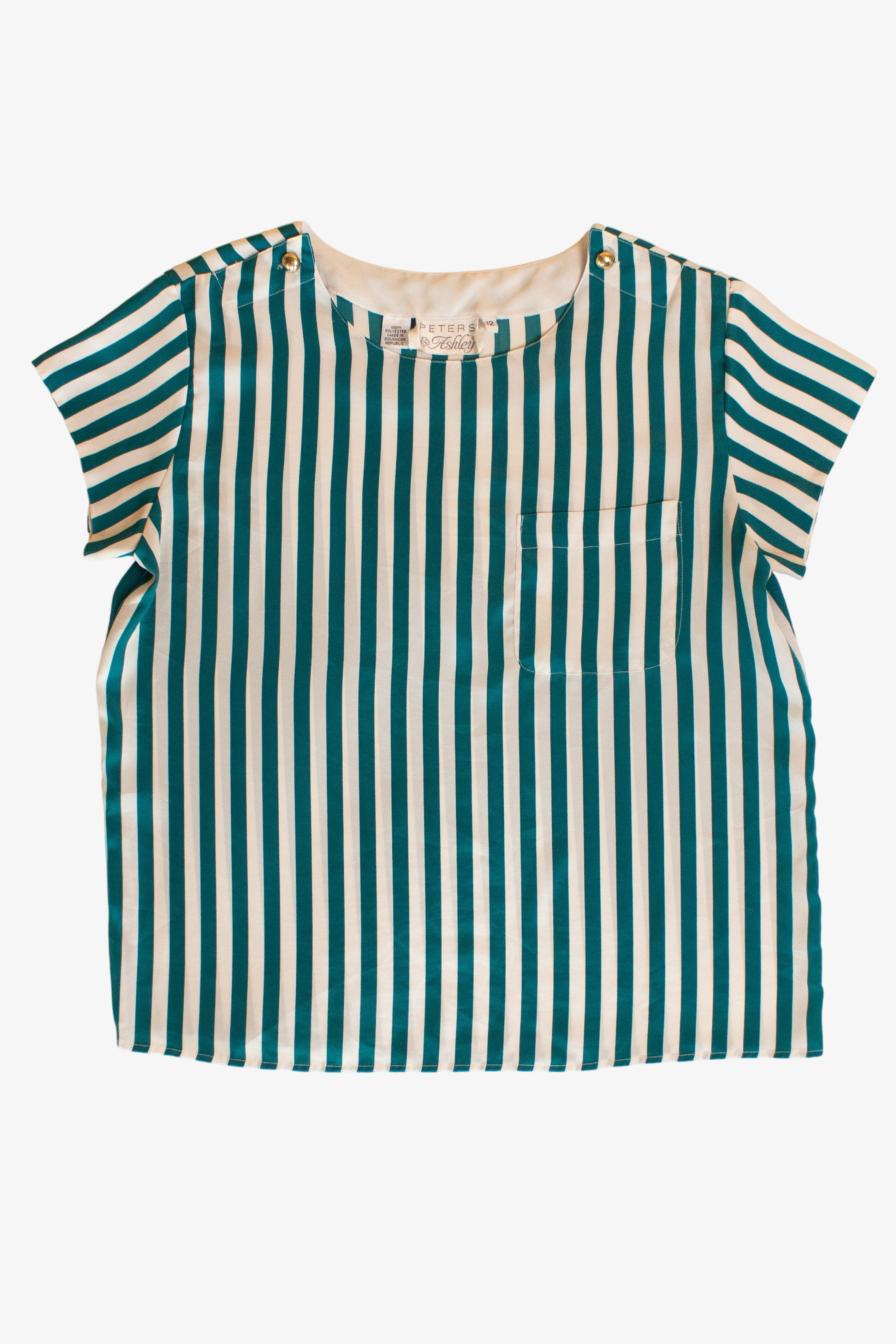 Vintage Green Striped Short Sleeve Blouse (1990s)