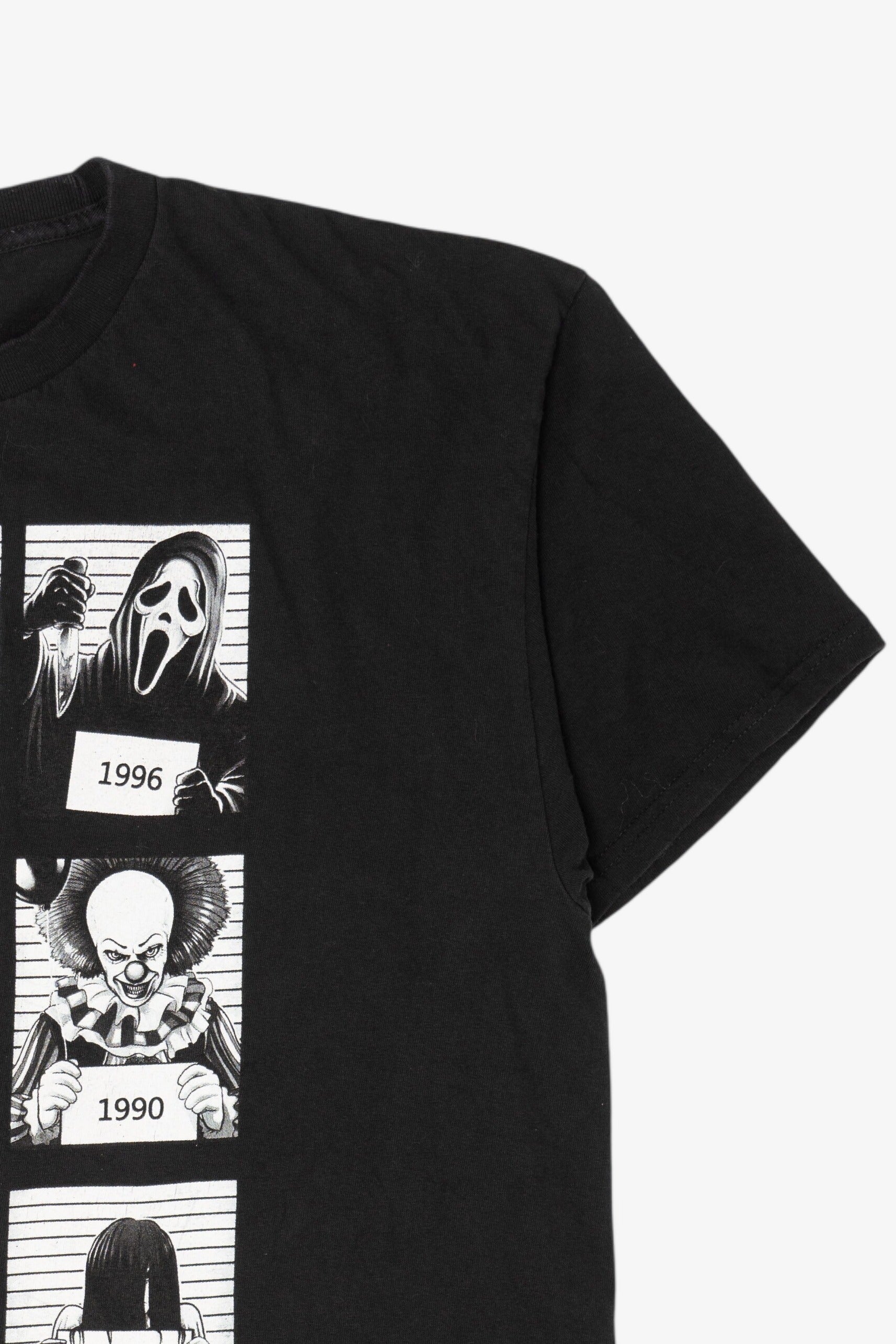 Black Tee Styled Horror Movie Icons Police Line Up T-Shirt (2020s)
