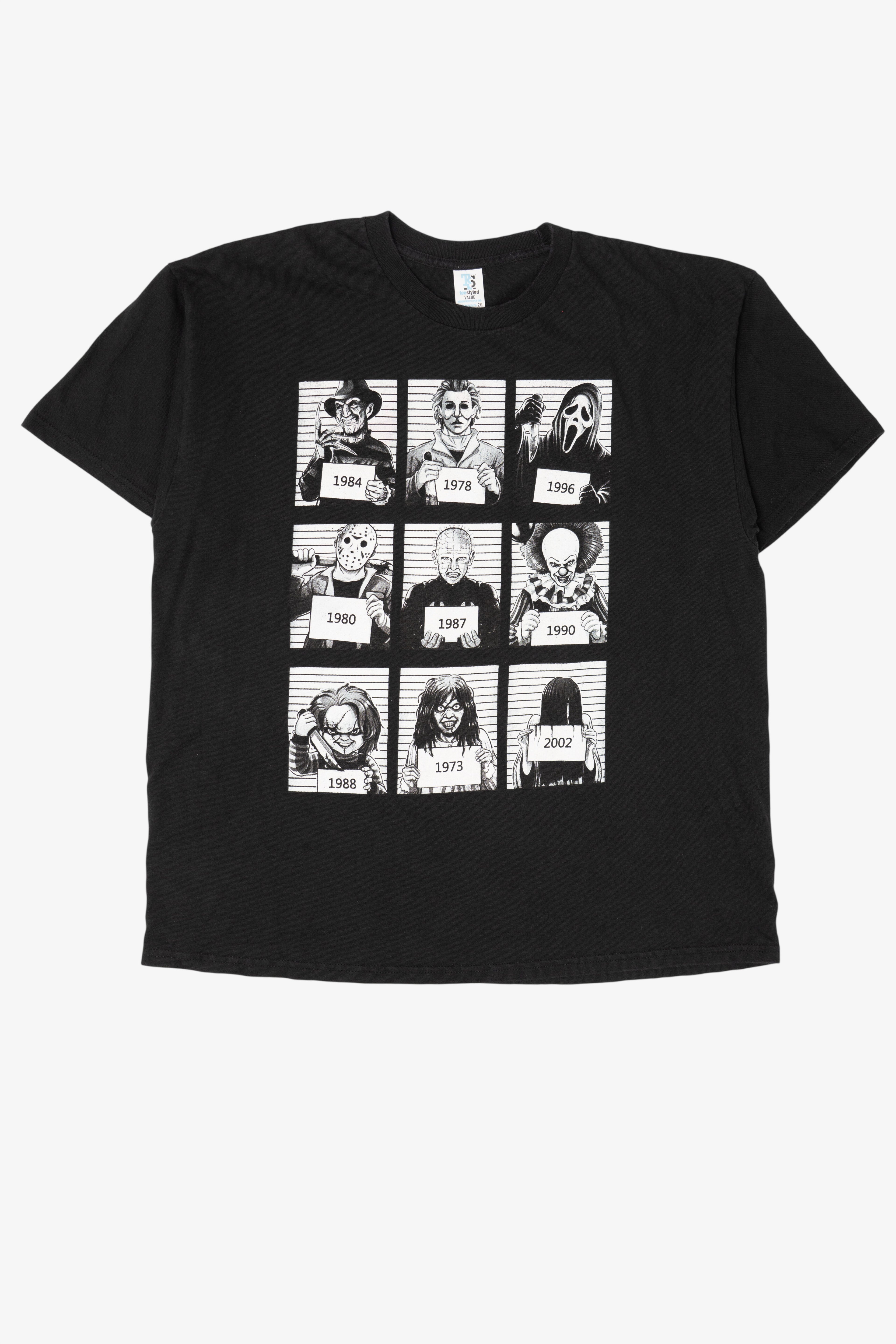 Black Tee Styled Horror Movie Icons Police Line Up T-Shirt (2020s)