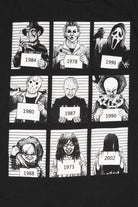 Black Tee Styled Horror Movie Icons Police Line Up T-Shirt (2020s)