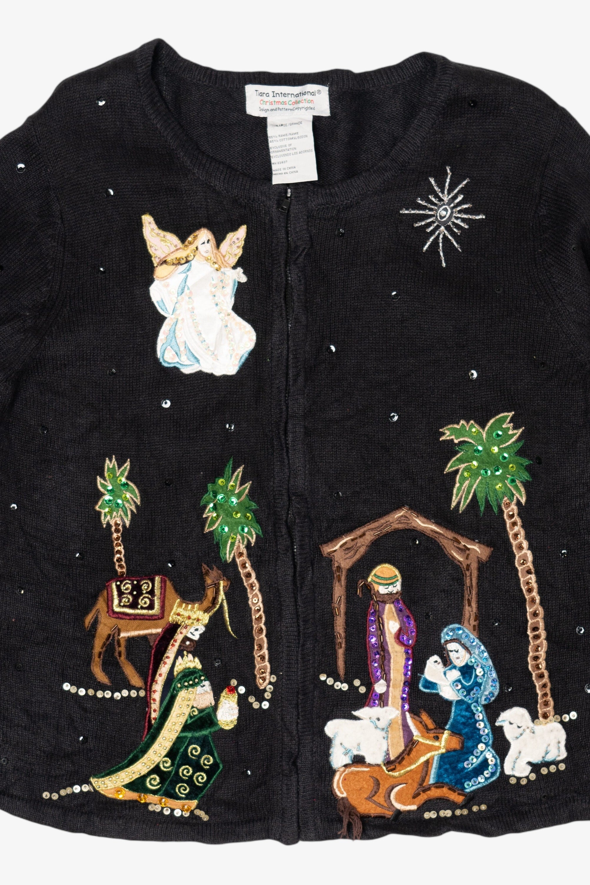 Vintage Black Tiara International Nativity Scene Ugly Christmas Cardigan (2000s)