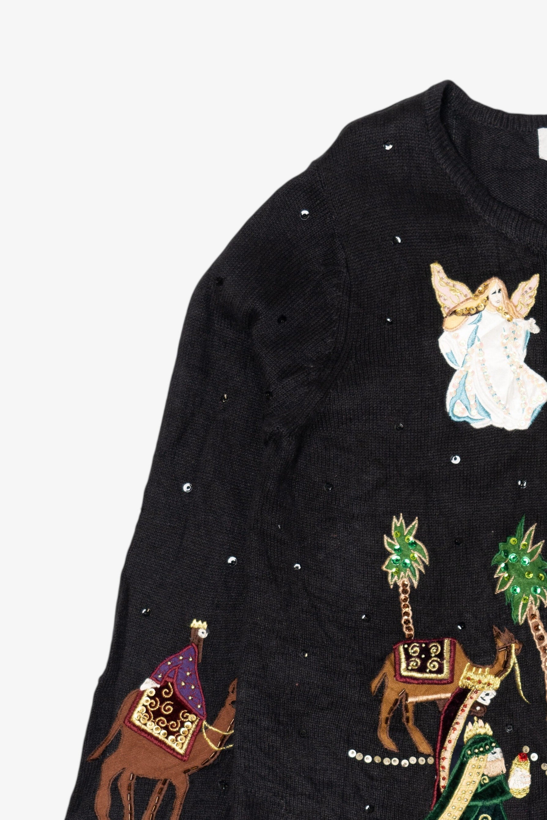 Vintage Black Tiara International Nativity Scene Ugly Christmas Cardigan (2000s)