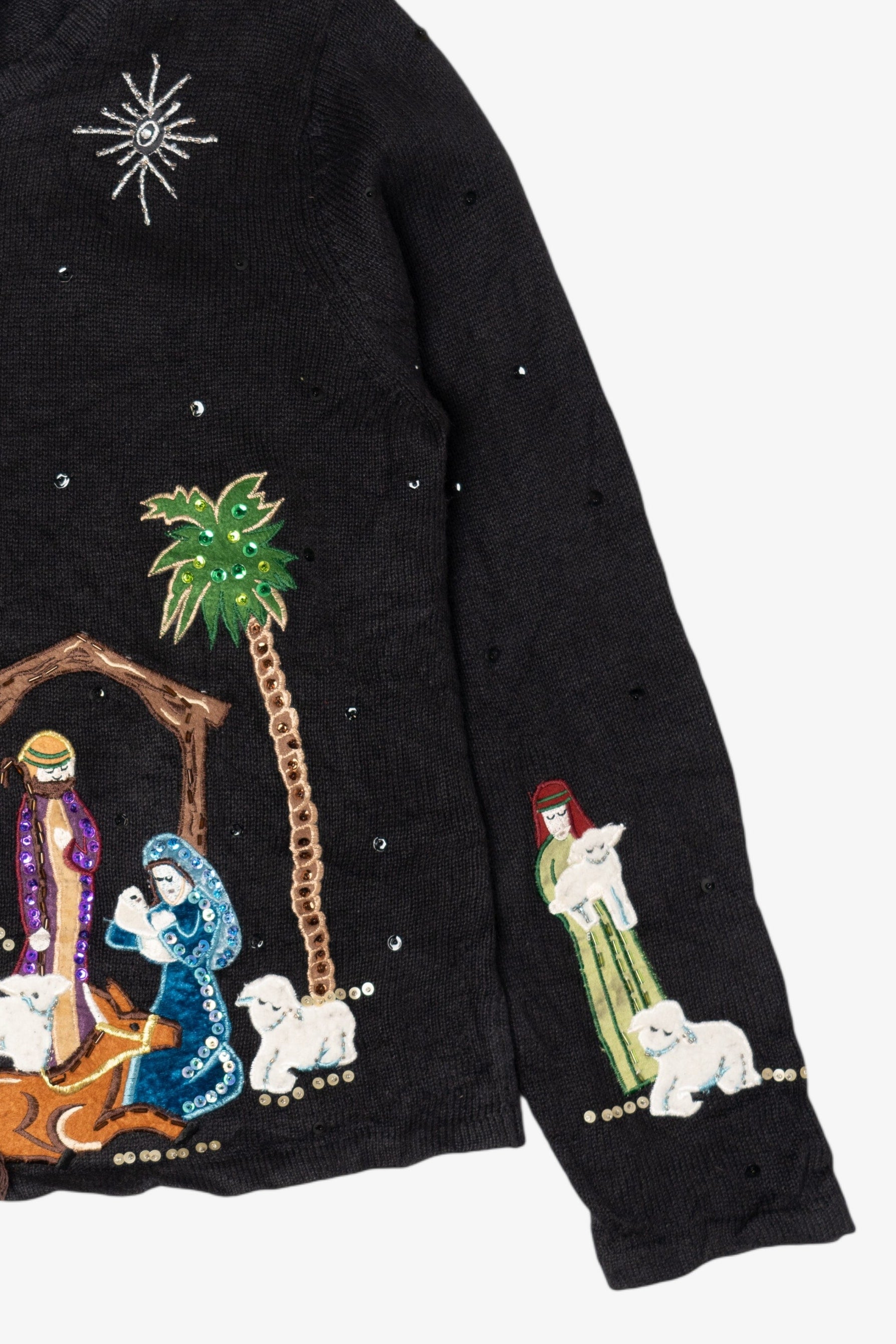 Vintage Black Tiara International Nativity Scene Ugly Christmas Cardigan (2000s)