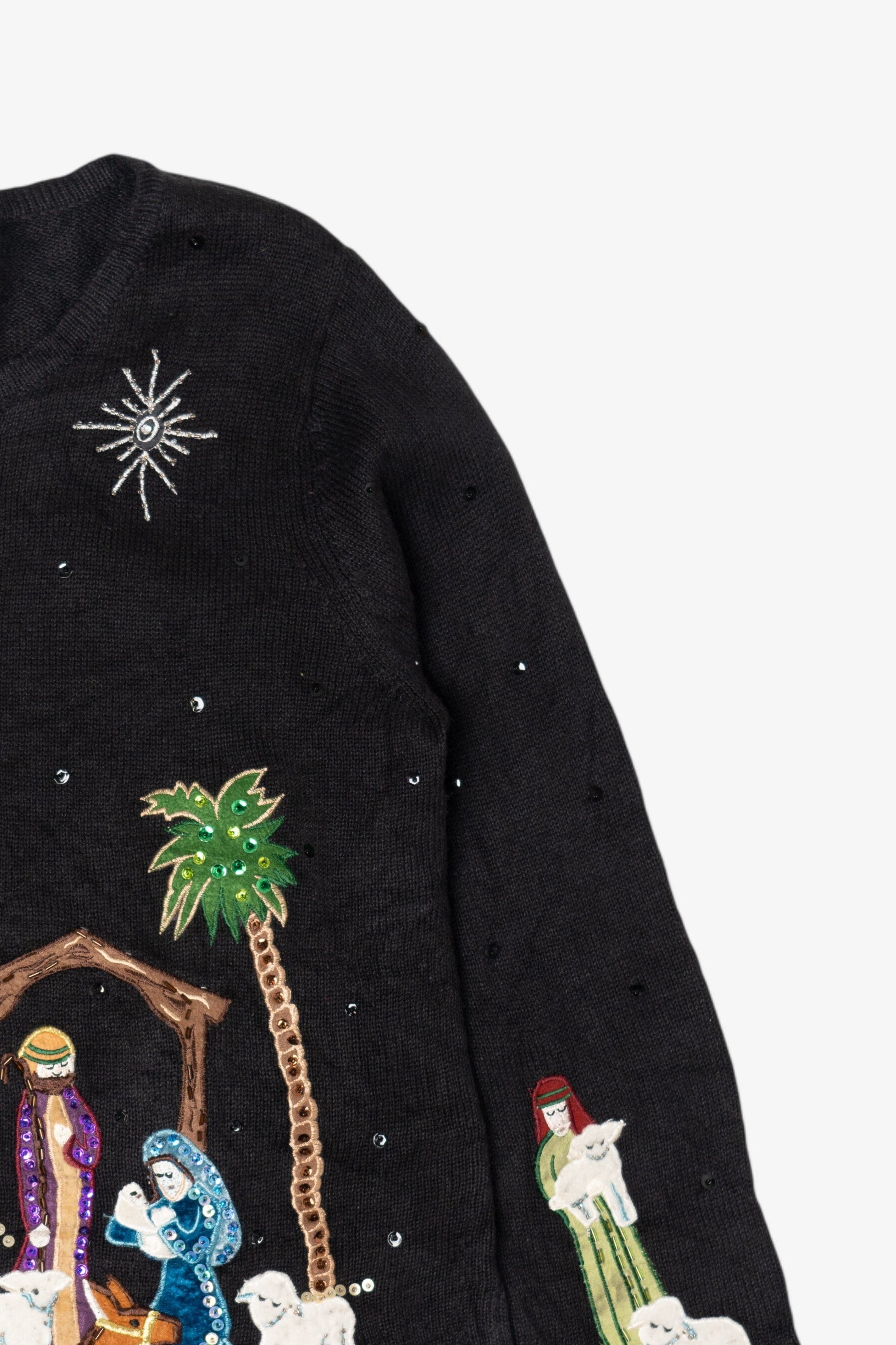 Vintage Black Tiara International Nativity Scene Ugly Christmas Cardigan (2000s)