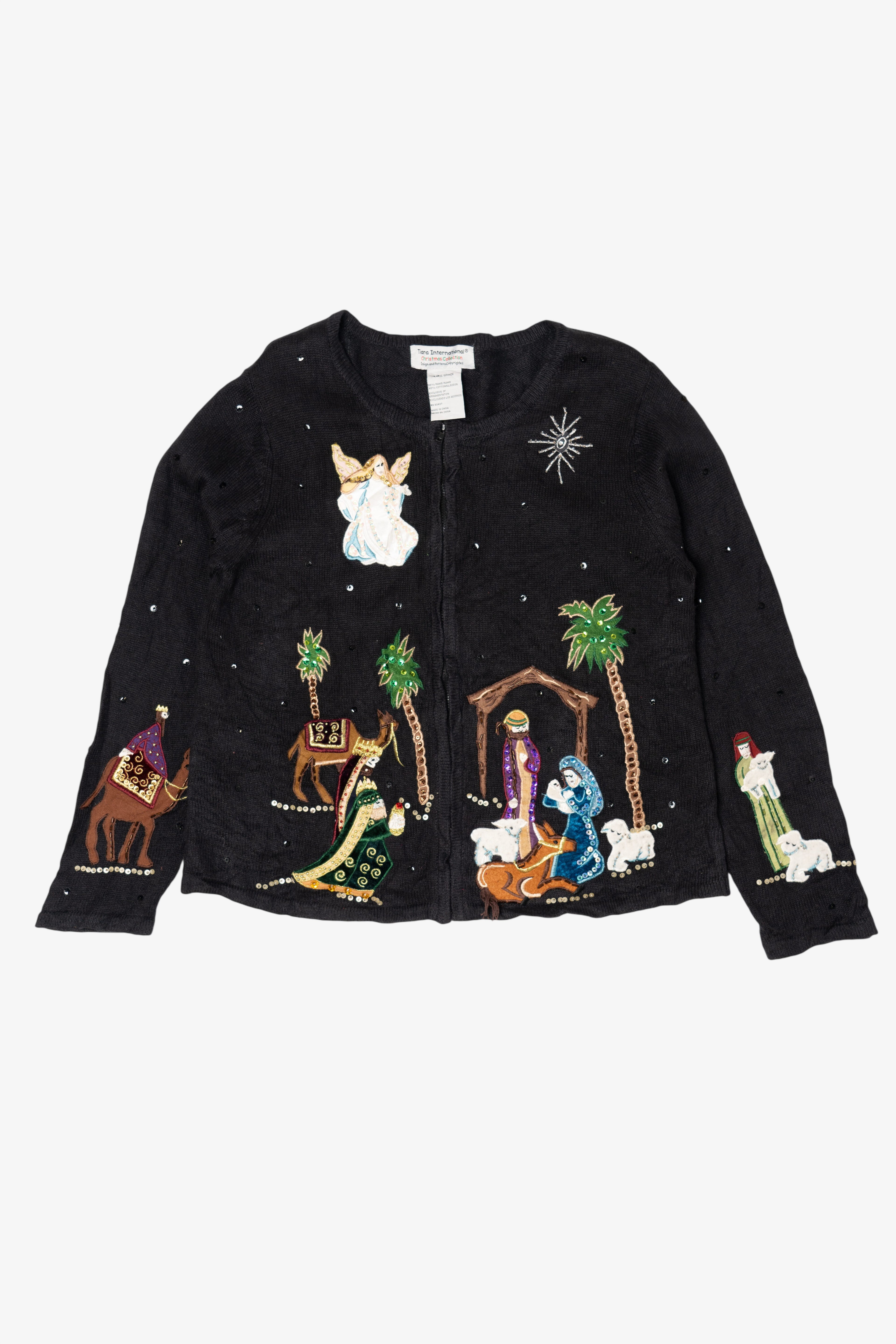 Vintage Black Tiara International Nativity Scene Ugly Christmas Cardigan (2000s)