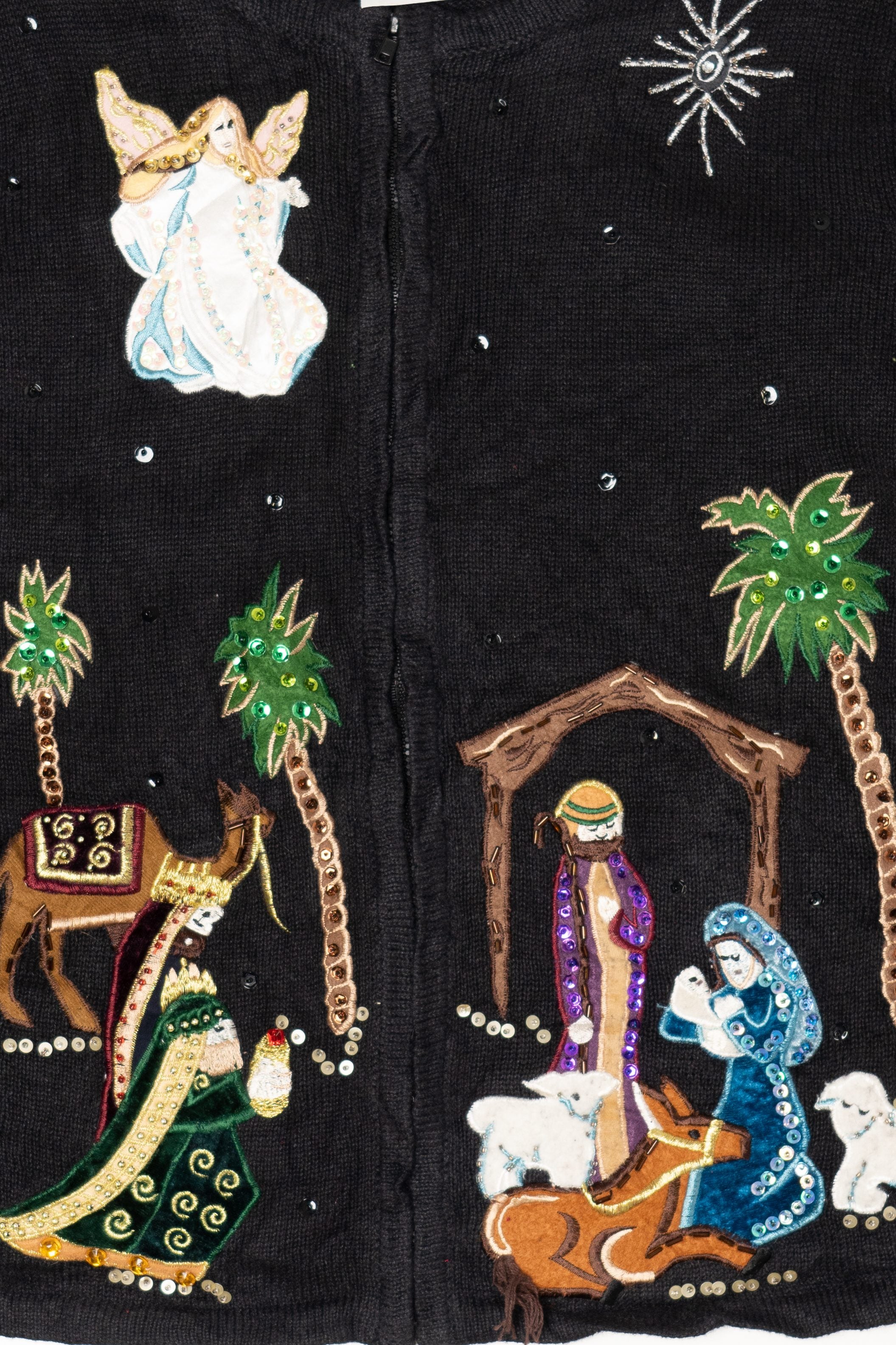 Vintage Black Tiara International Nativity Scene Ugly Christmas Cardigan (2000s)