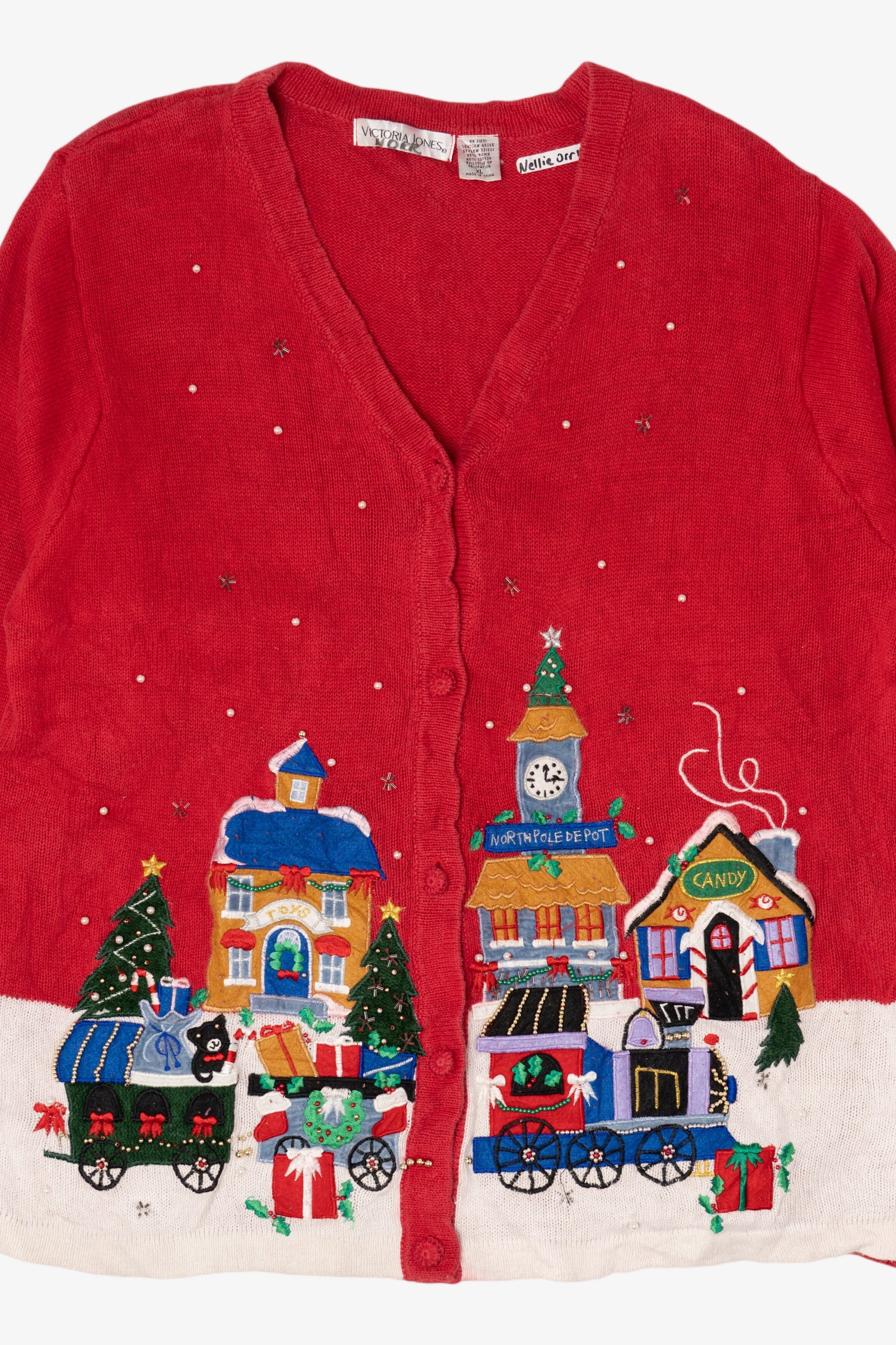 Vintage Red Victoria Jones Winter Town Ugly Christmas Cardigan (1990s)