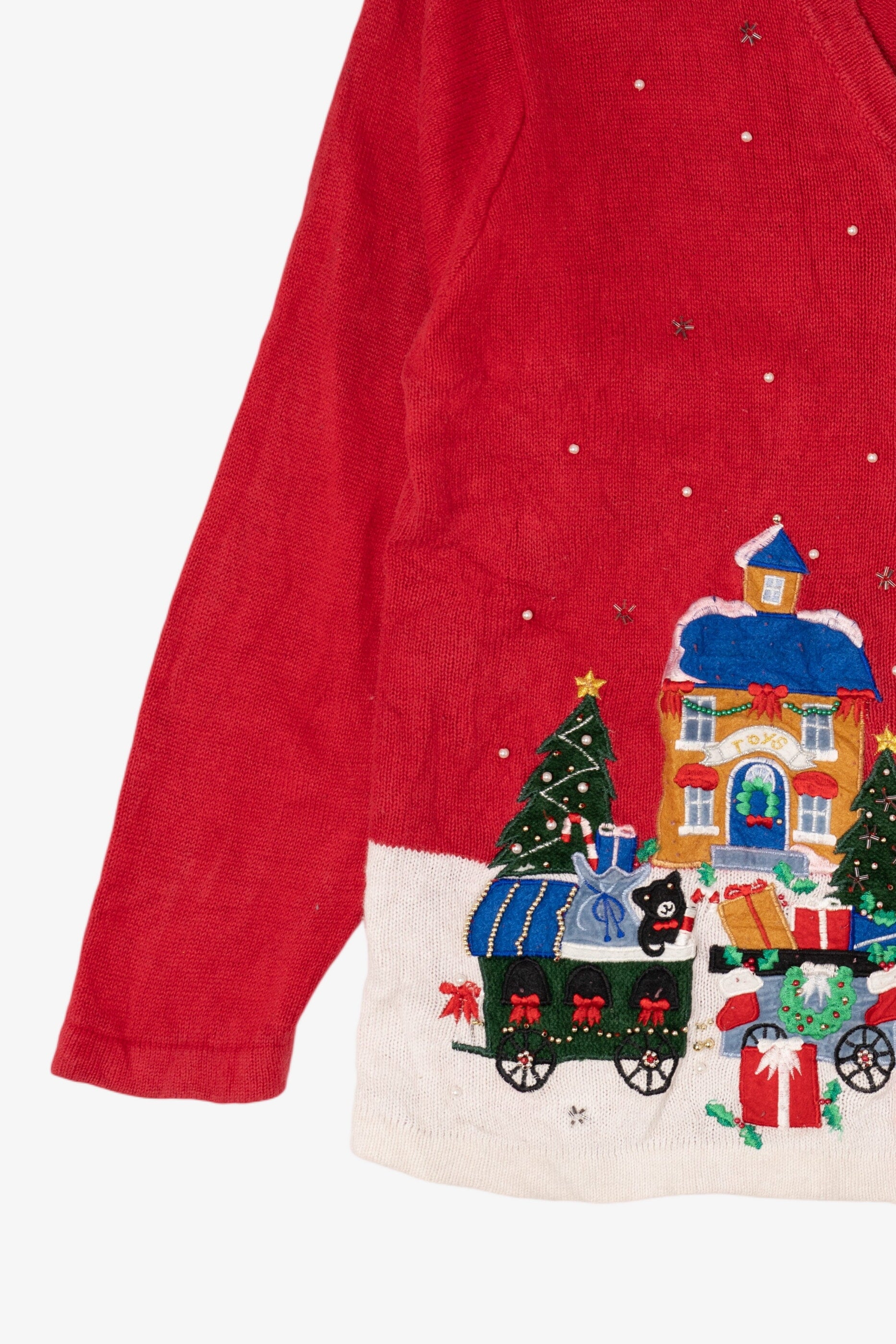 Vintage Red Victoria Jones Winter Town Ugly Christmas Cardigan (1990s)
