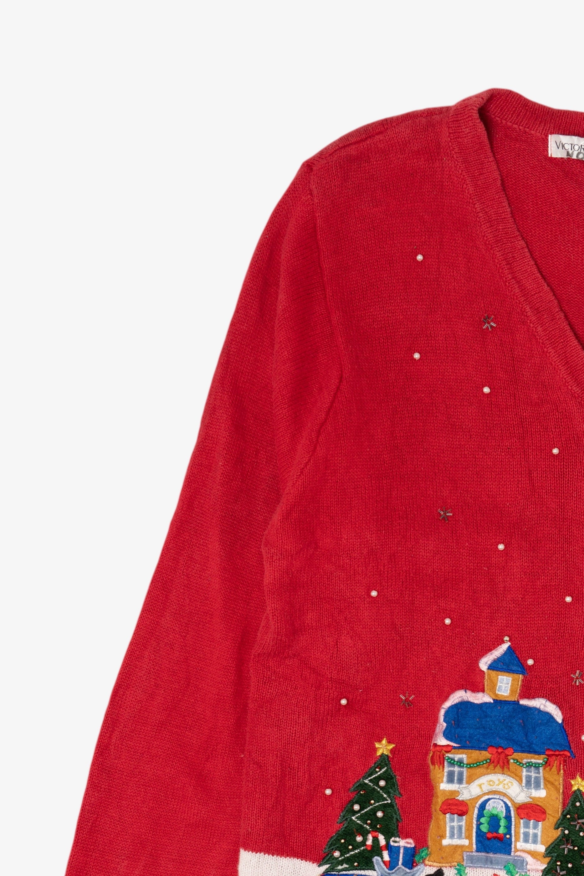 Vintage Red Victoria Jones Winter Town Ugly Christmas Cardigan (1990s)