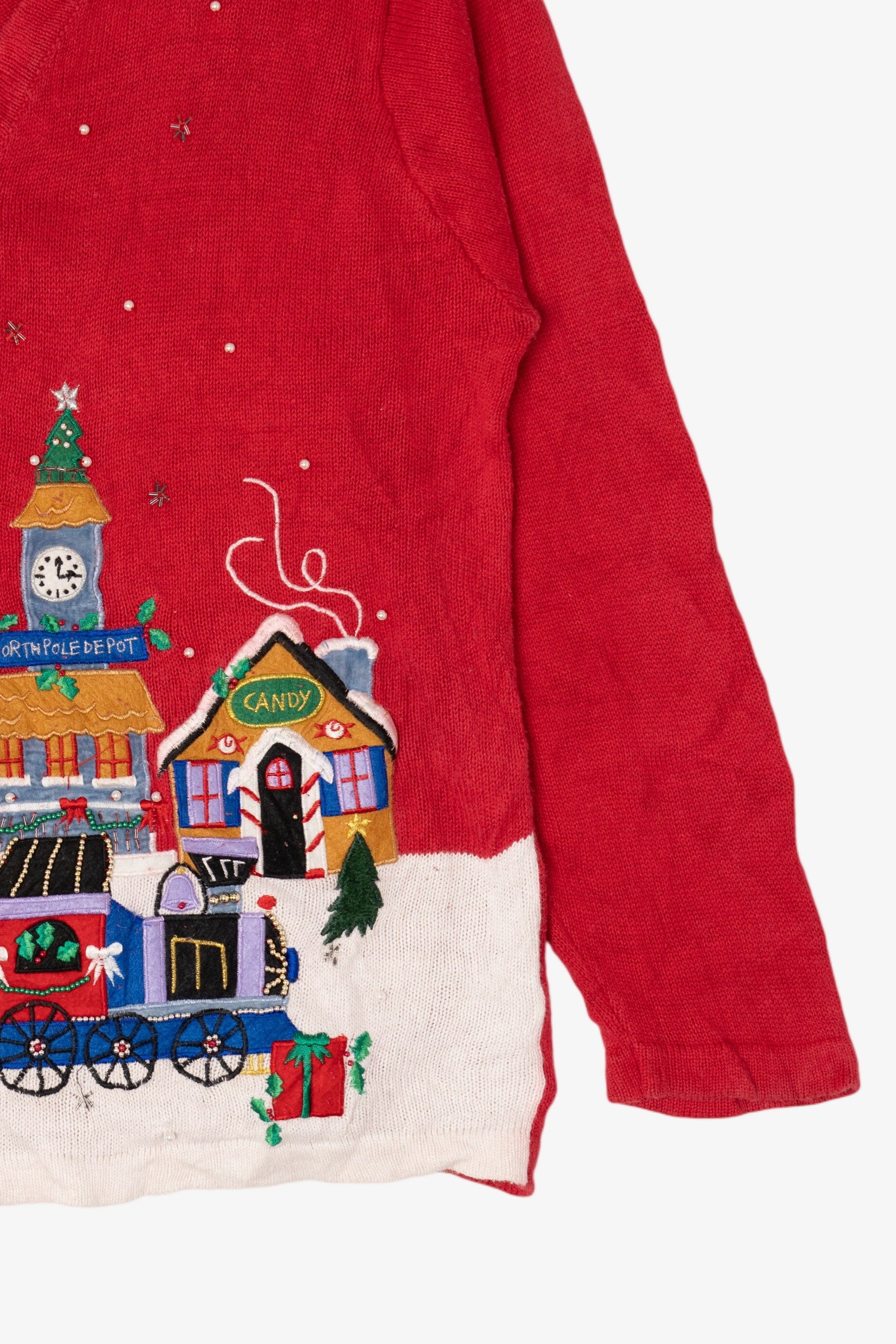 Vintage Red Victoria Jones Winter Town Ugly Christmas Cardigan (1990s)