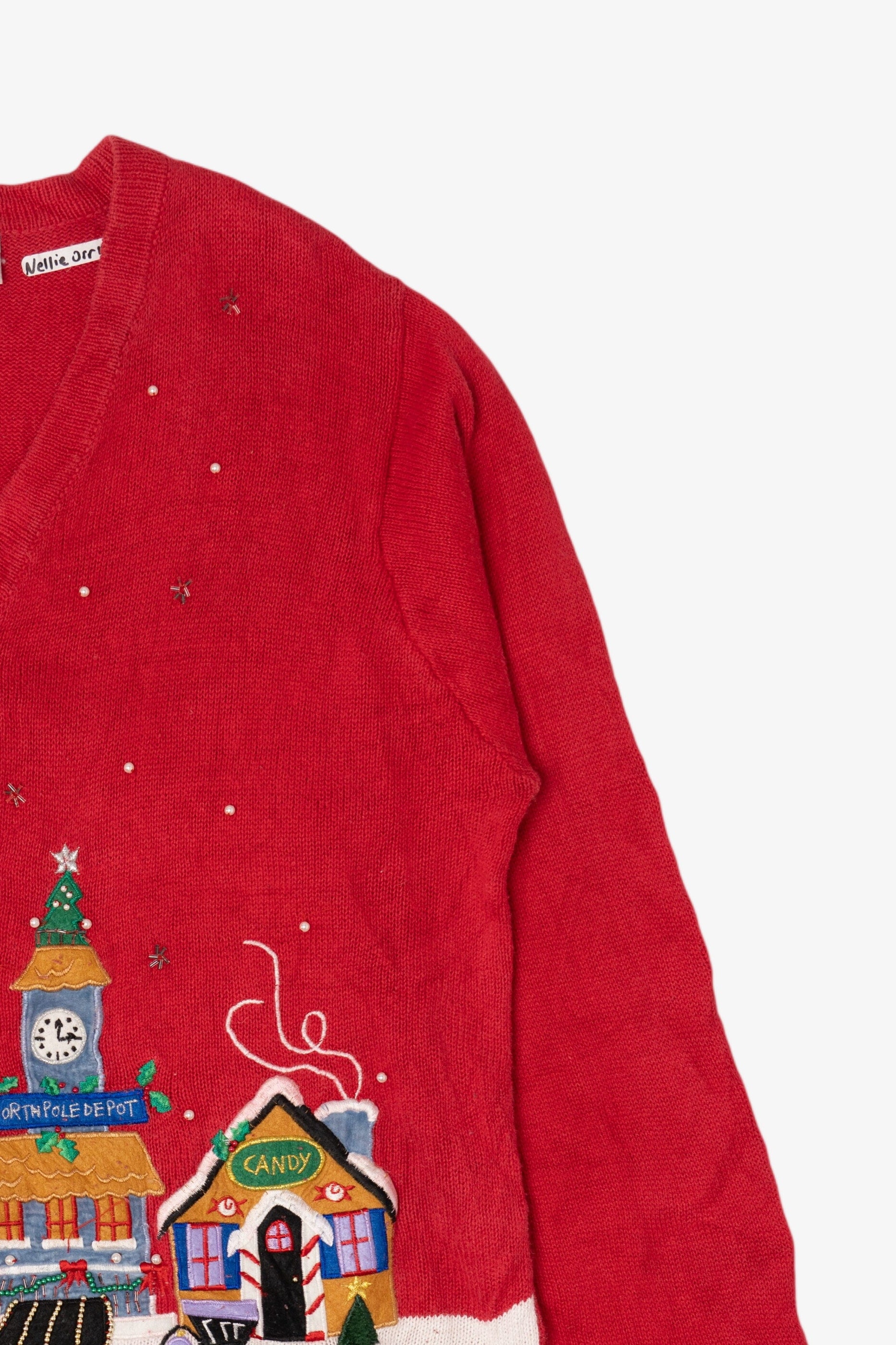 Vintage Red Victoria Jones Winter Town Ugly Christmas Cardigan (1990s)