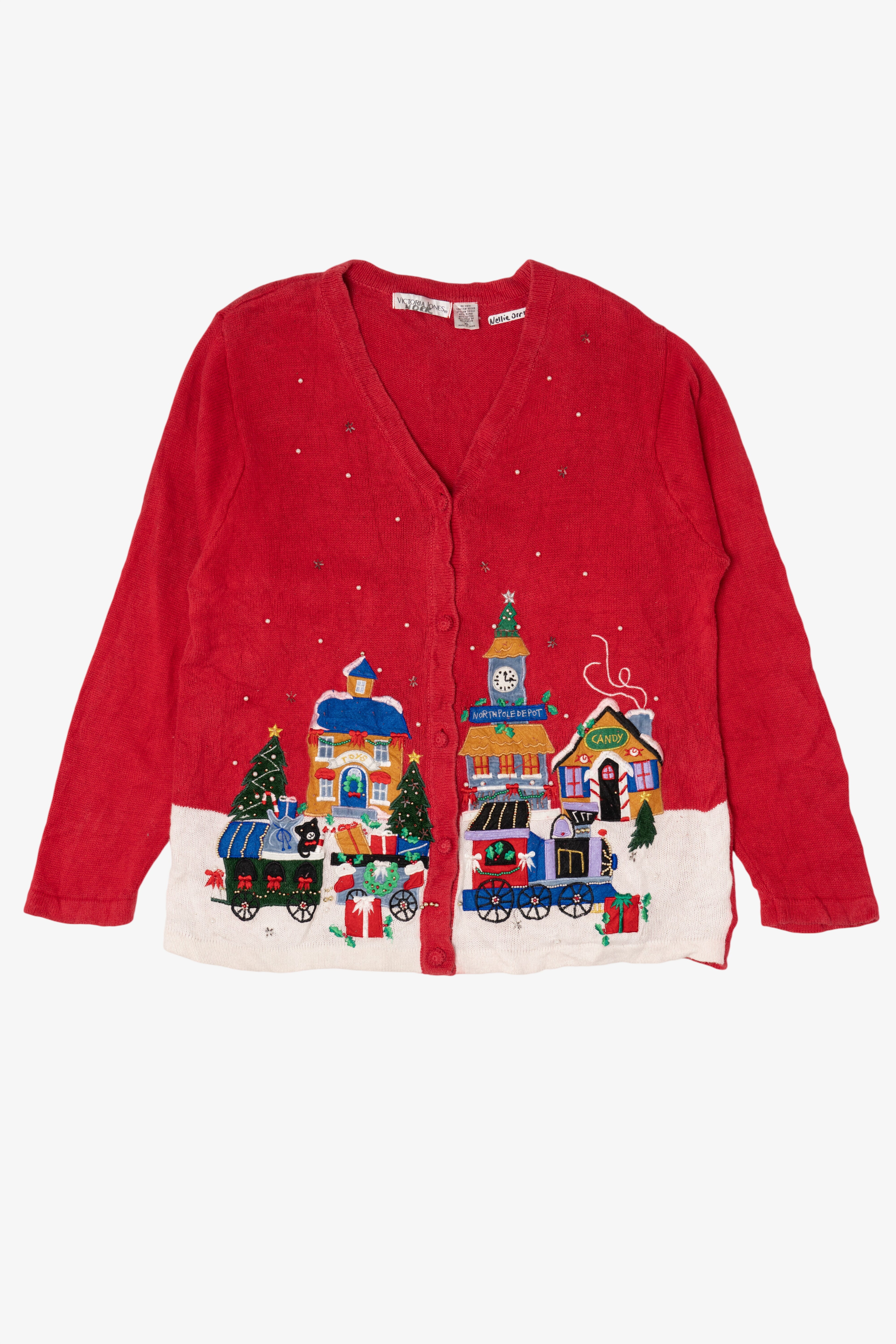 Vintage Red Victoria Jones Winter Town Ugly Christmas Cardigan (1990s)