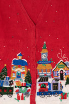 Vintage Red Victoria Jones Winter Town Ugly Christmas Cardigan (1990s)