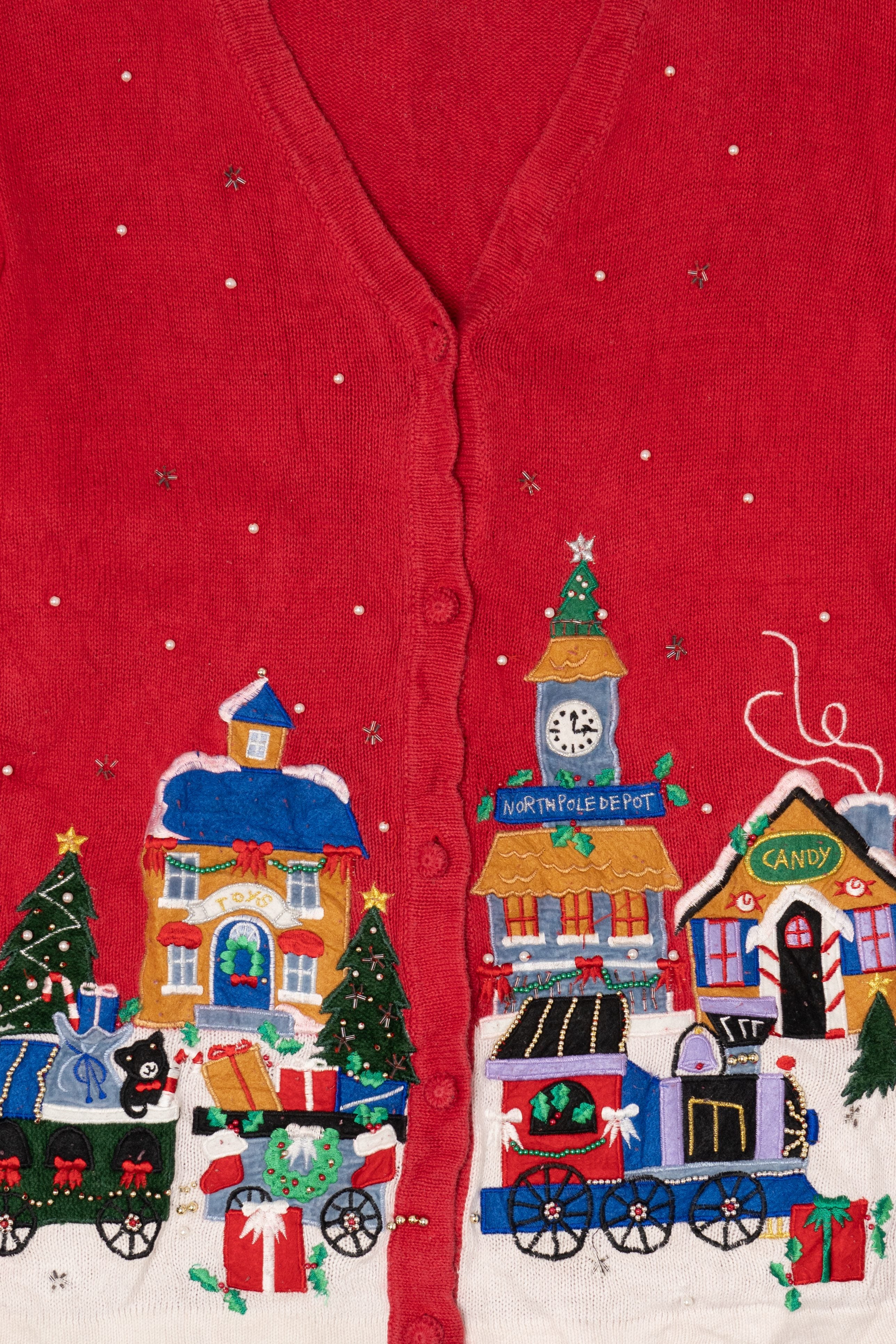Vintage Red Victoria Jones Winter Town Ugly Christmas Cardigan (1990s)