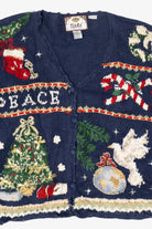 Vintage Blue Tiara International "Peace" Ugly Christmas Cardigan (1990s)