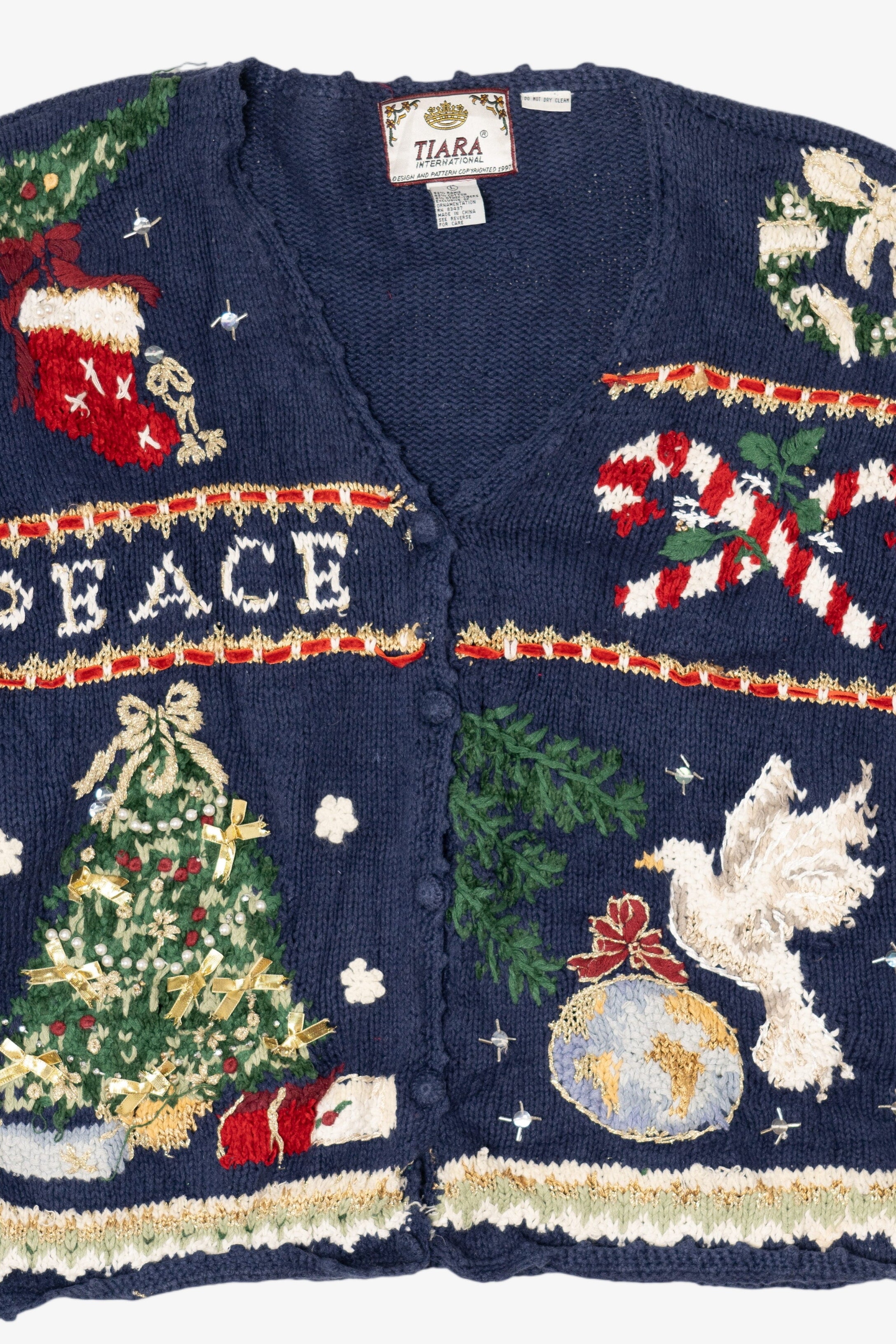 Vintage Blue Tiara International "Peace" Ugly Christmas Cardigan (1990s)