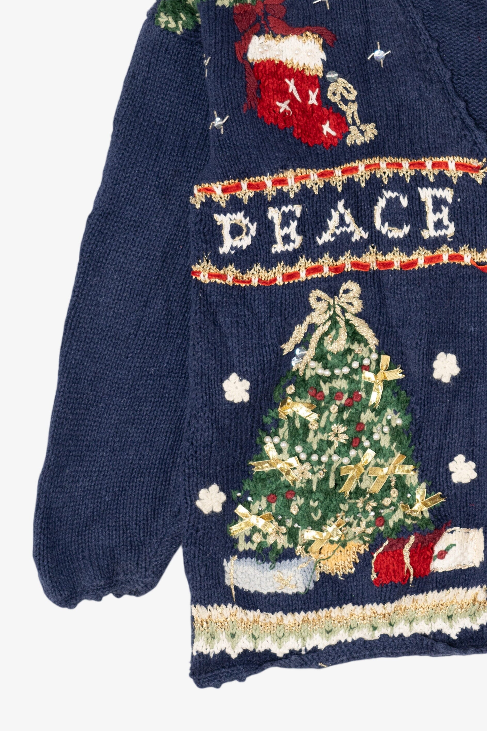 Vintage Blue Tiara International "Peace" Ugly Christmas Cardigan (1990s)