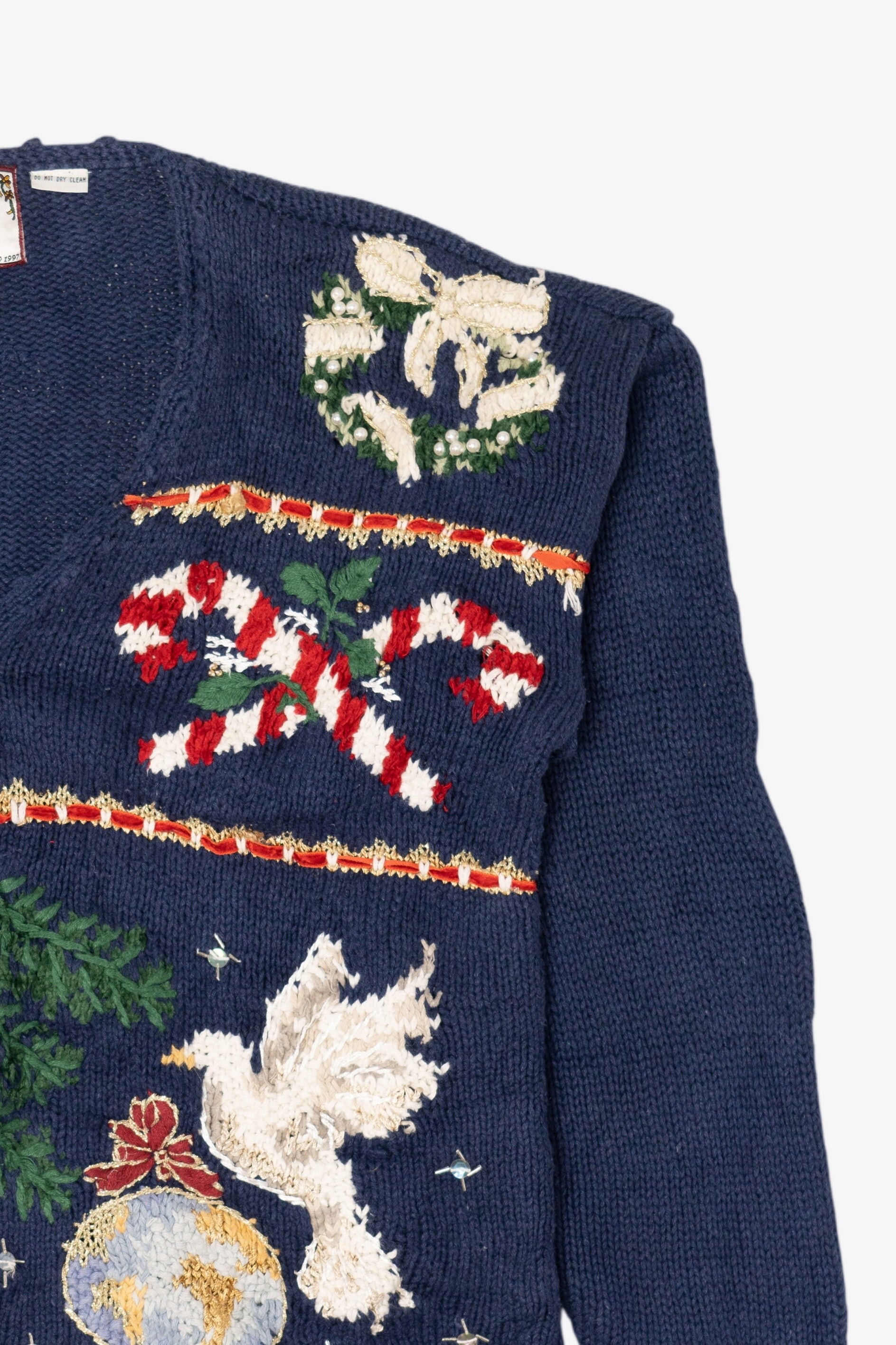 Vintage Blue Tiara International "Peace" Ugly Christmas Cardigan (1990s)
