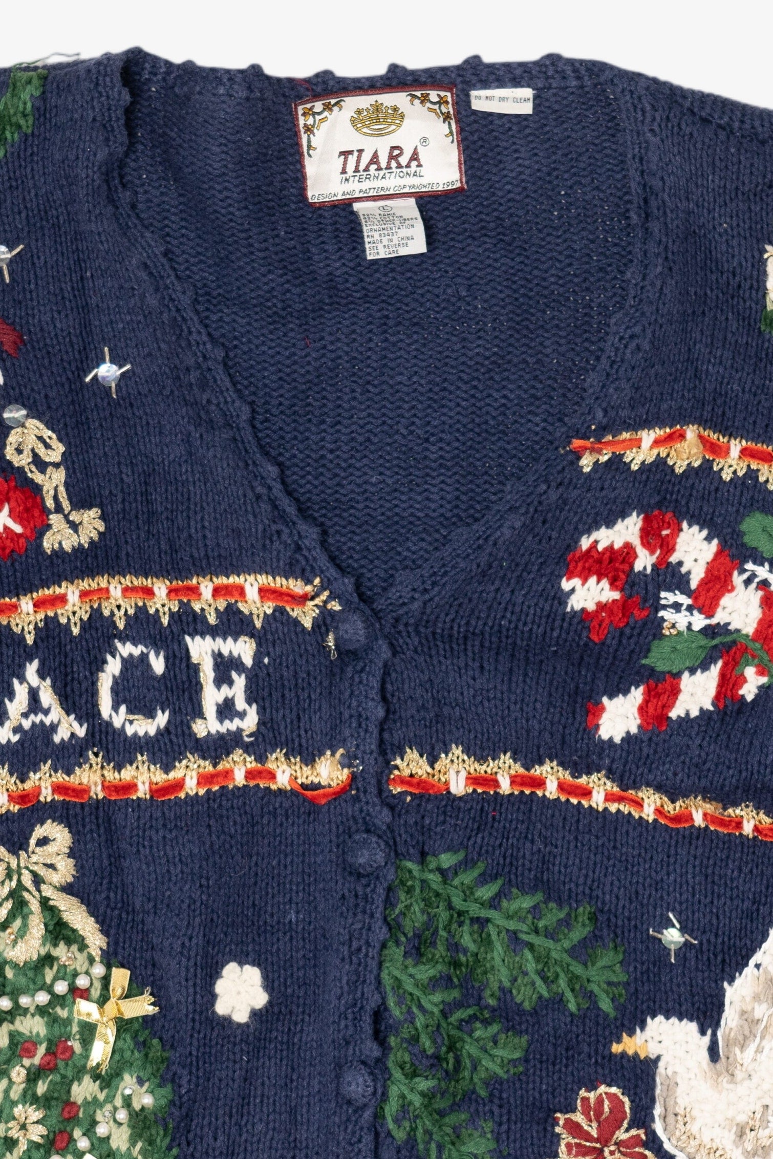 Vintage Blue Tiara International "Peace" Ugly Christmas Cardigan (1990s)