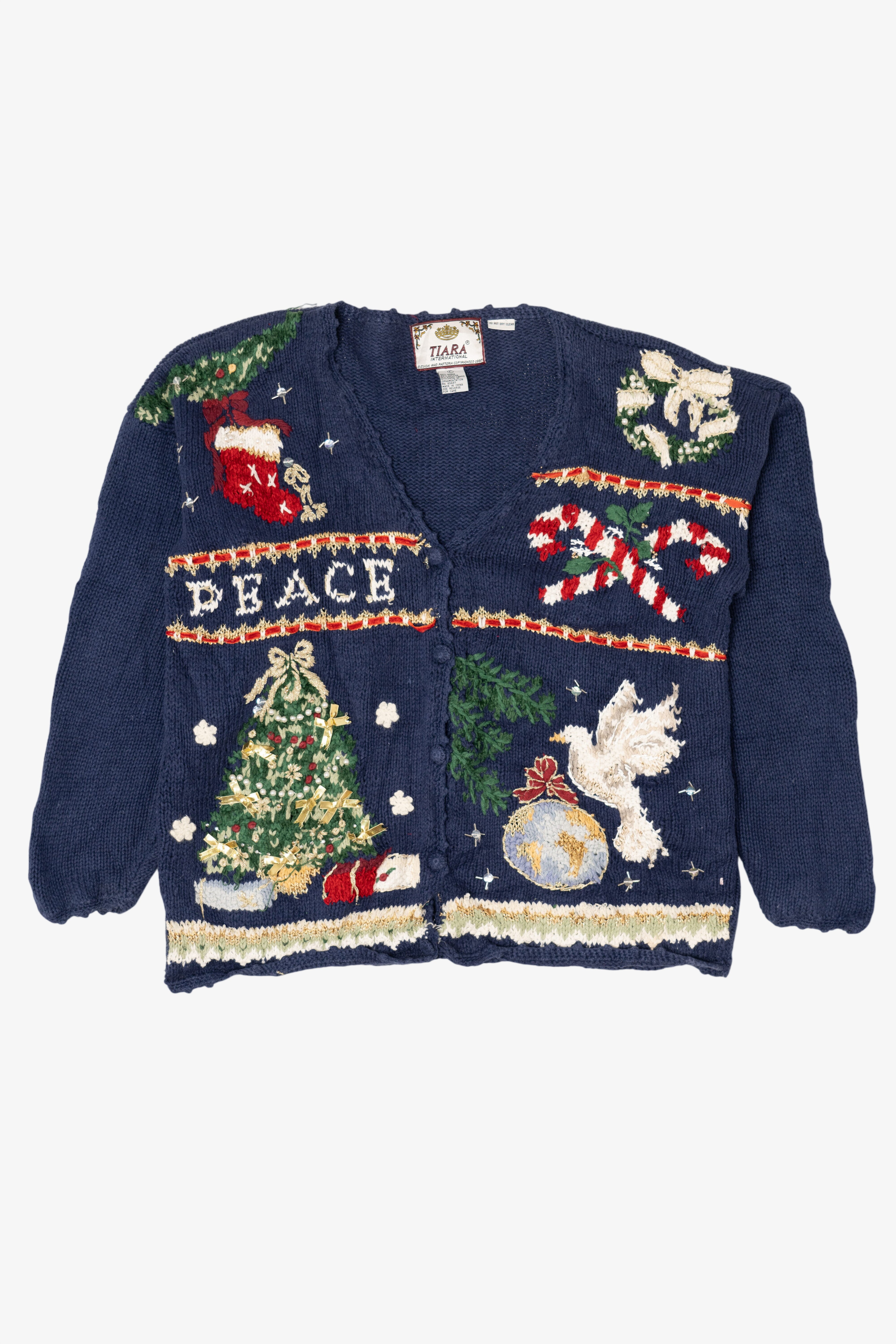 Vintage Blue Tiara International "Peace" Ugly Christmas Cardigan (1990s)