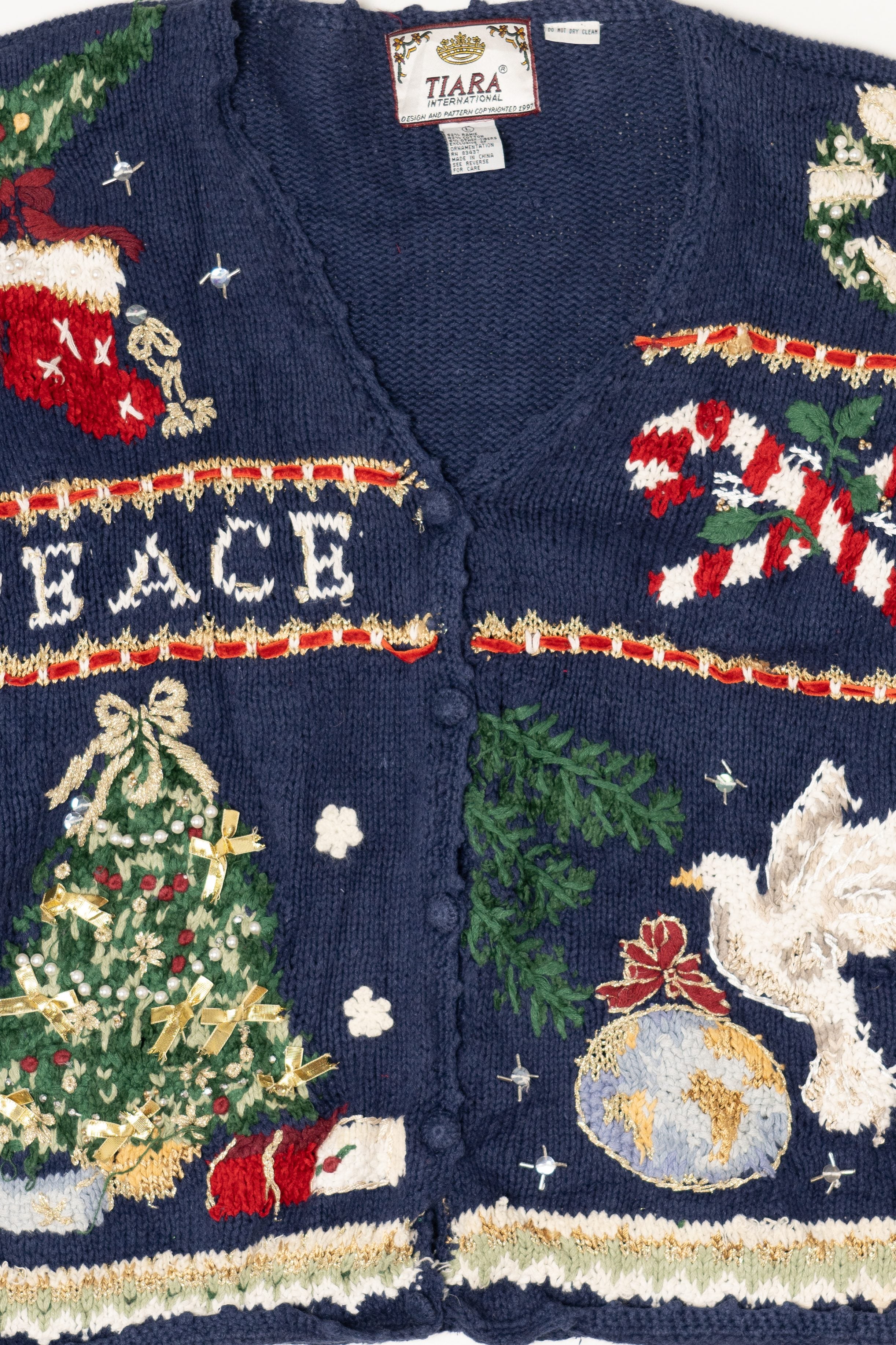 Vintage Blue Tiara International "Peace" Ugly Christmas Cardigan (1990s)