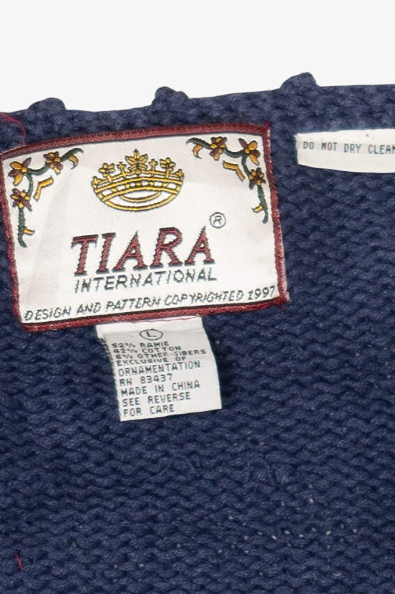 Vintage Blue Tiara International "Peace" Ugly Christmas Cardigan (1990s)