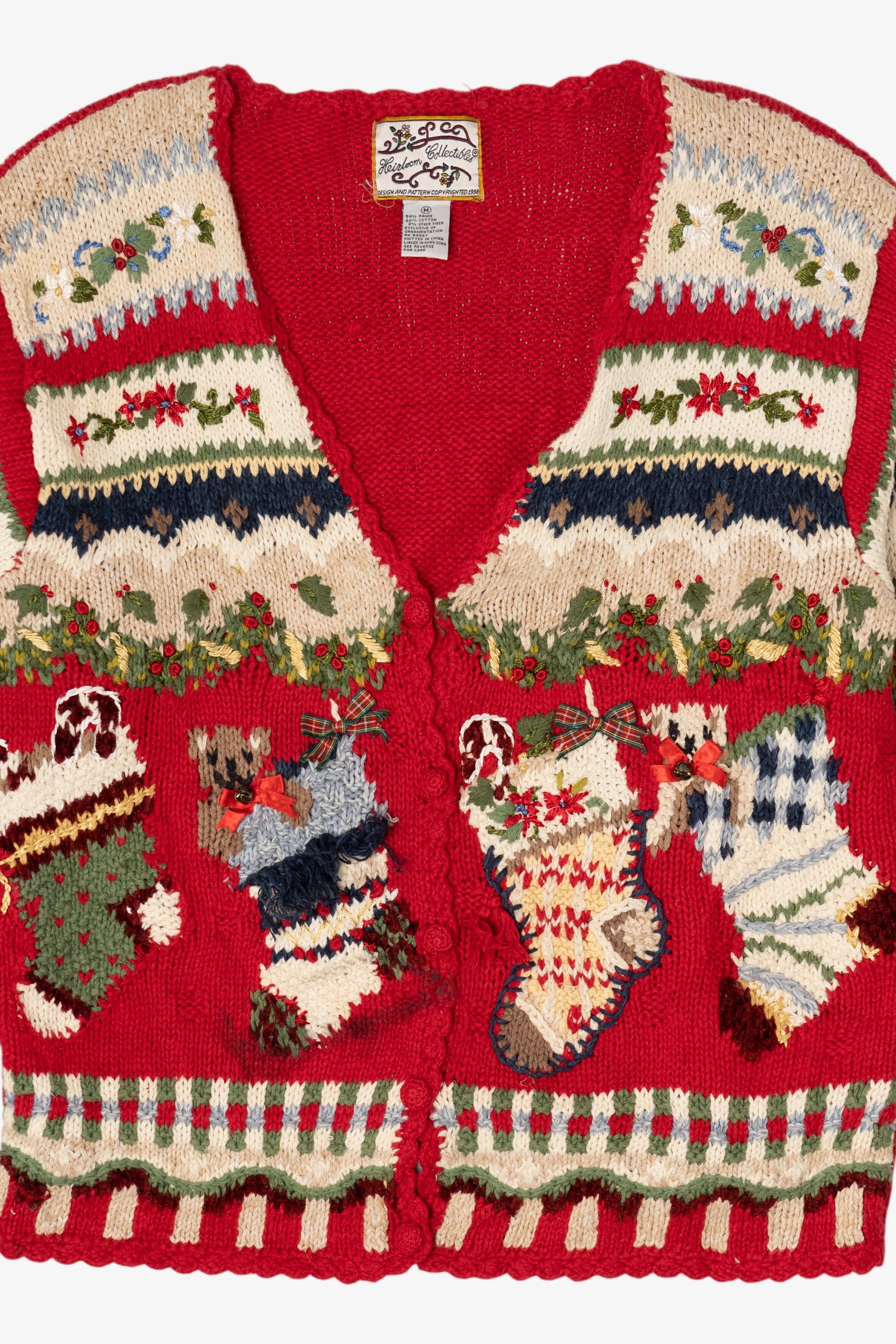 Vintage Red Heirloom Collectible Stockings Christmas Cardigan (1990s)