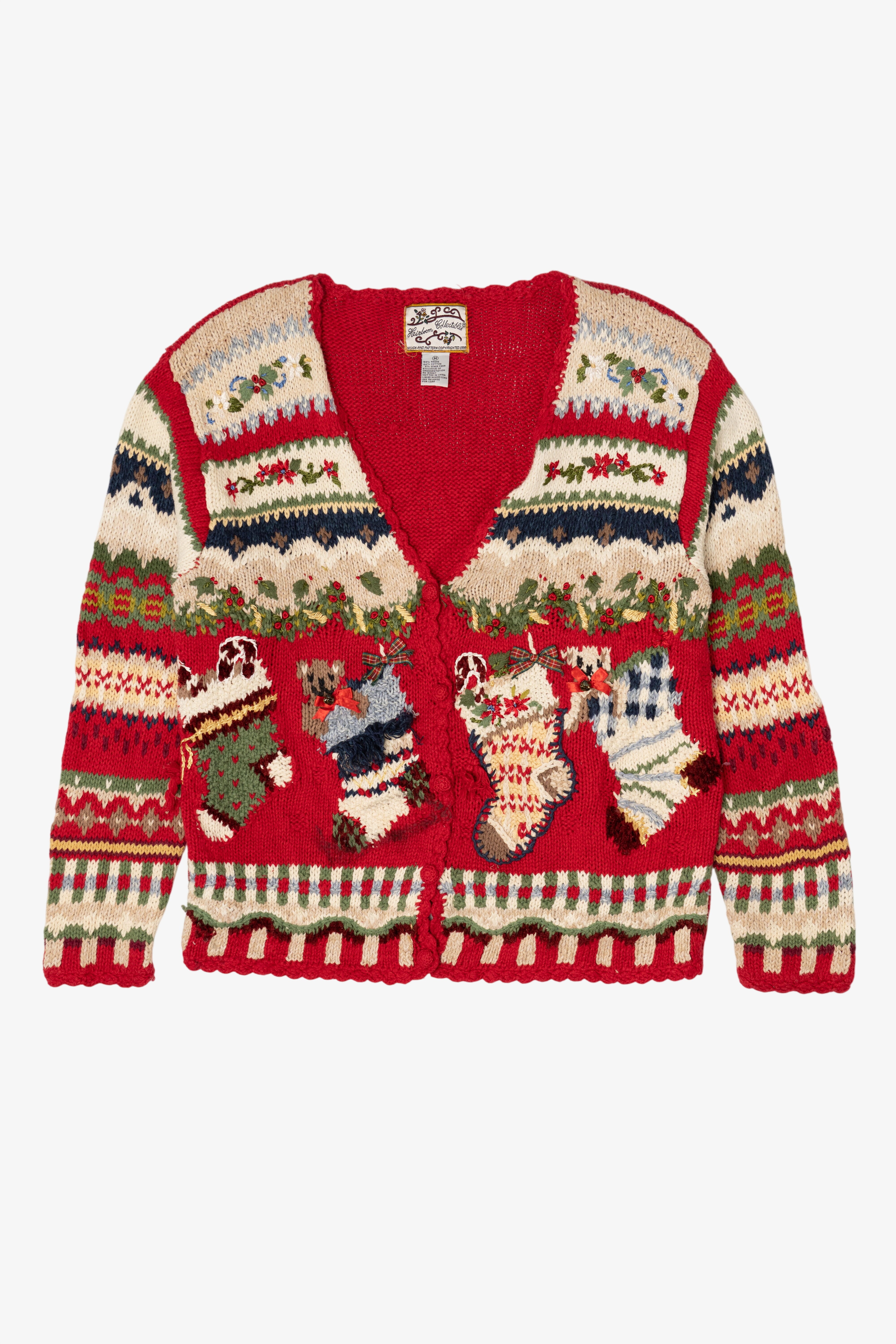 Vintage Red Heirloom Collectible Stockings Christmas Cardigan (1990s)