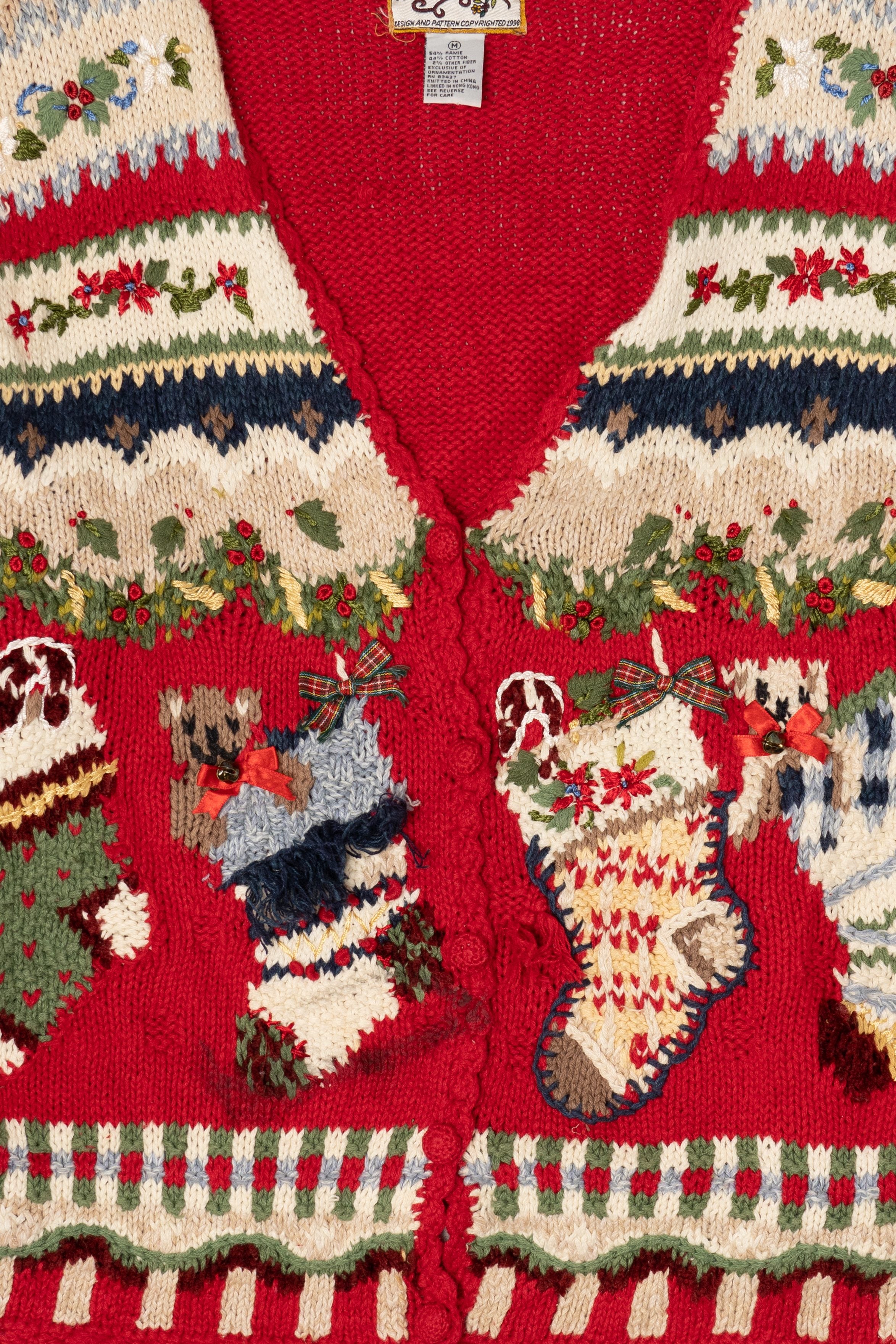 Vintage Red Heirloom Collectible Stockings Christmas Cardigan (1990s)